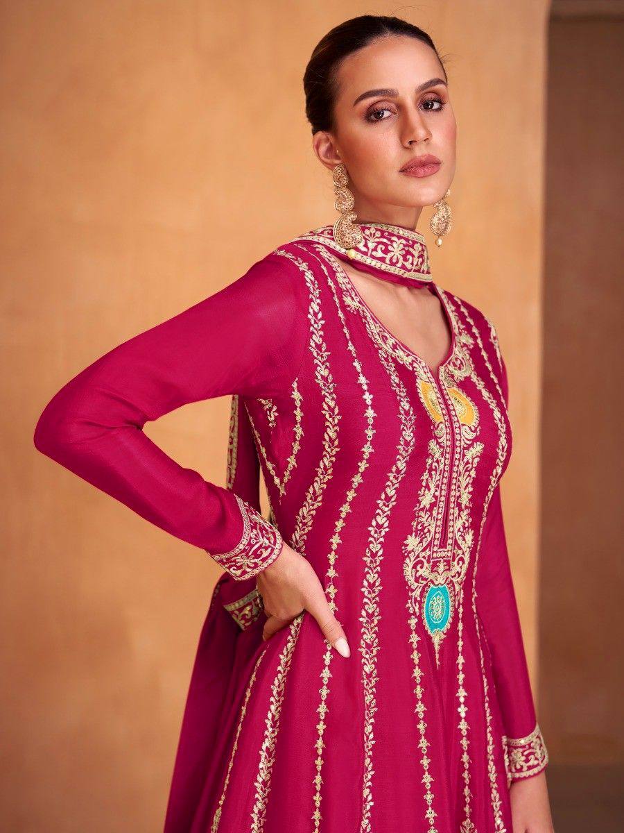 Lorenvalley Magenta Chinon Embroidery With Sequince Work Salwar Kameez Stitched | Swadesiicart