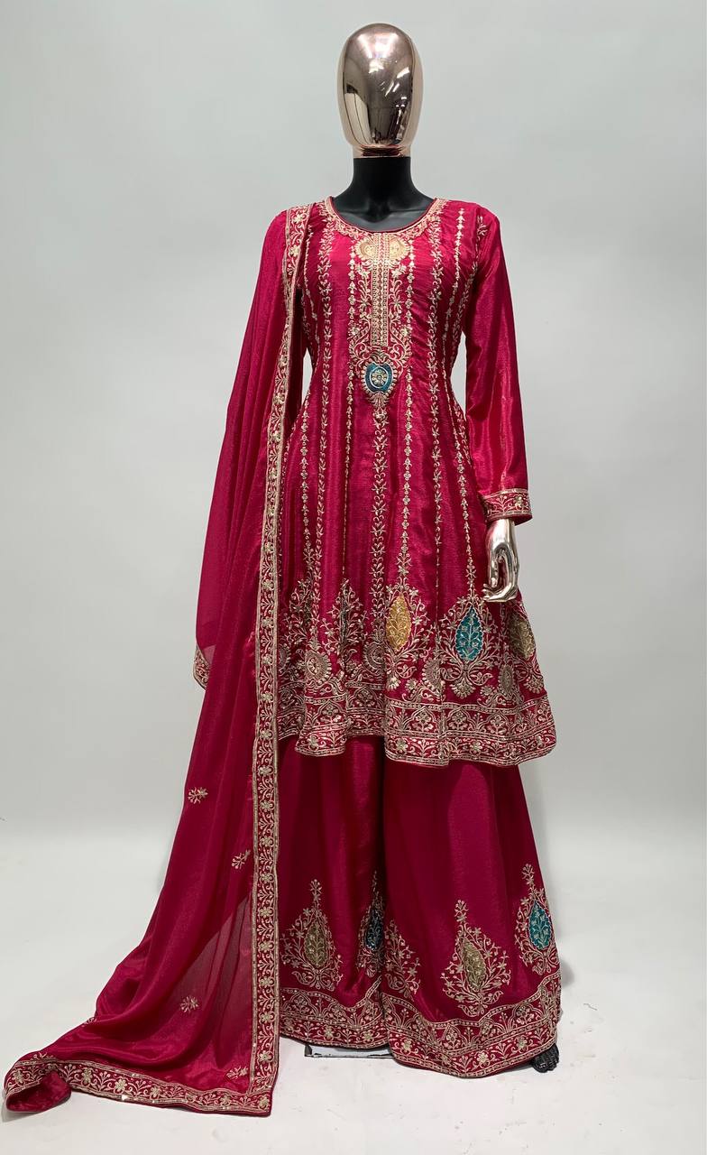 Lorenvalley Magenta Chinon Embroidery With Sequince Work Salwar Kameez Stitched | Swadesiicart