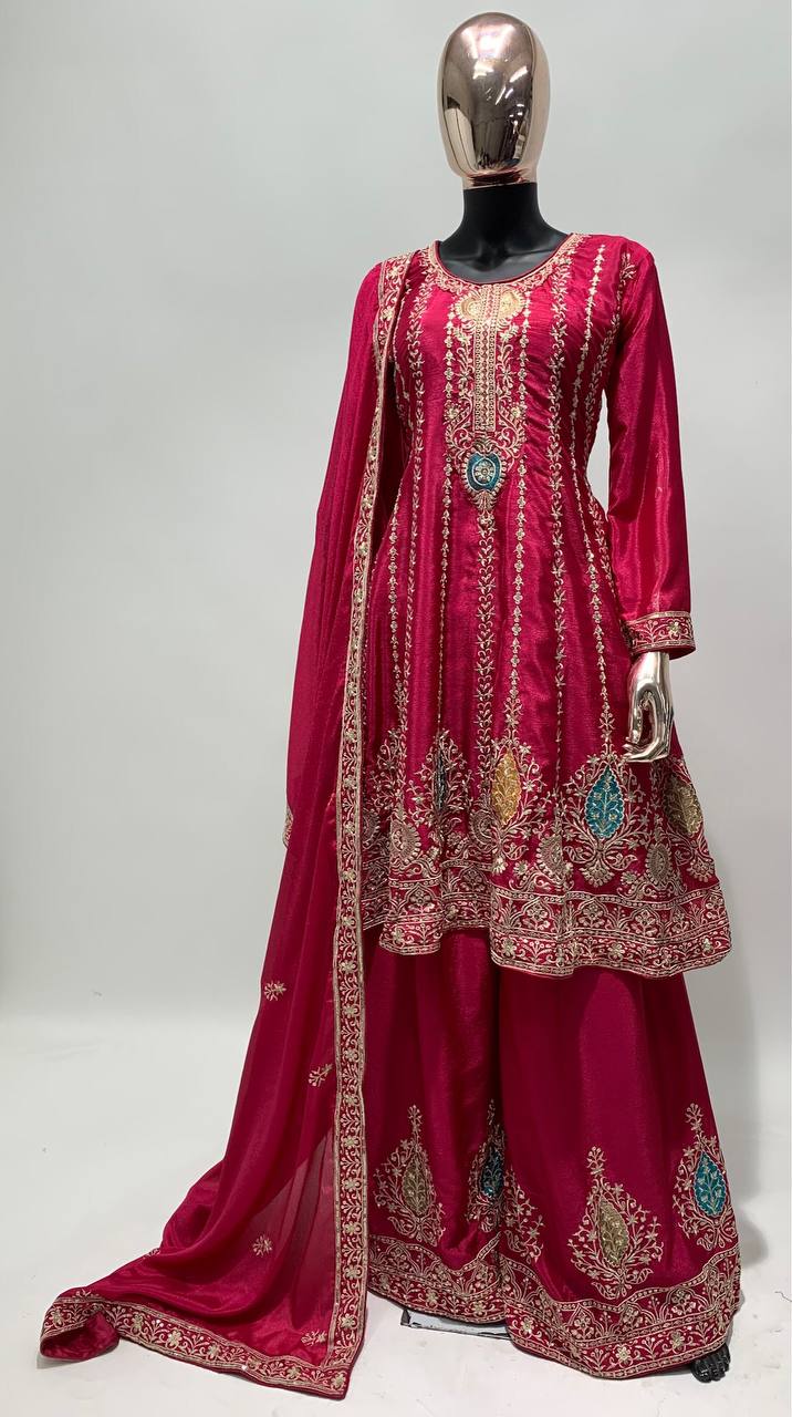 Lorenvalley Magenta Chinon Embroidery With Sequince Work Salwar Kameez Stitched | Swadesiicart