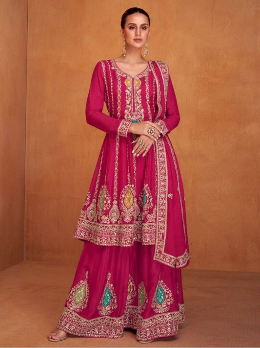 Lorenvalley Magenta Chinon Embroidery With Sequince Work Salwar Kameez Stitched | Swadesiicart