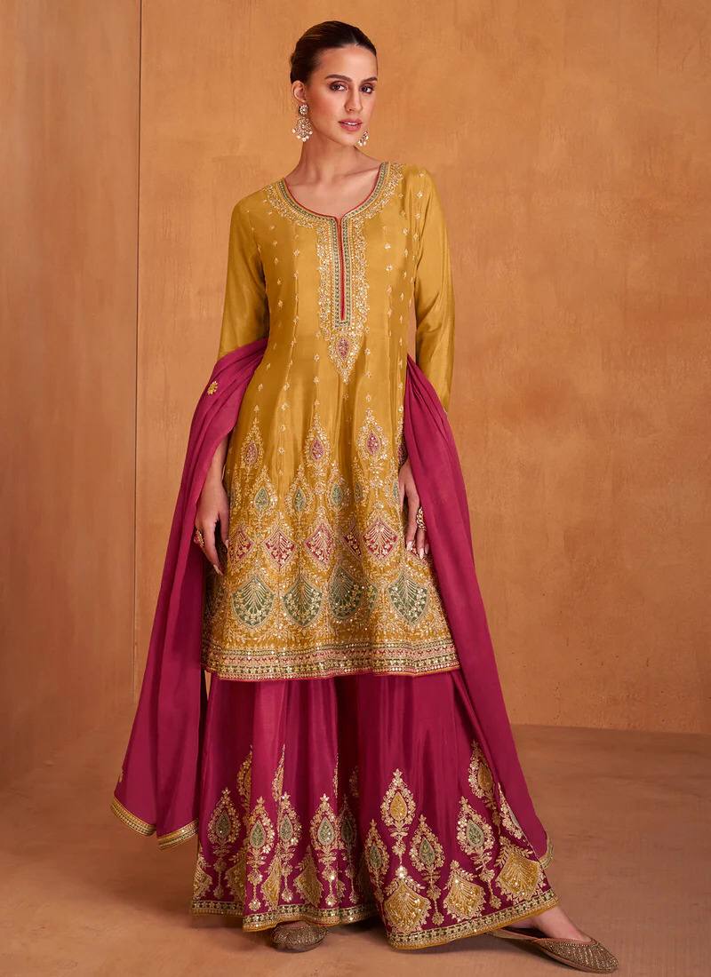 Lorenvalley Yellow Chinon Embroidery With Sequince Work Salwar Kameez Stitched | Swadesiicart