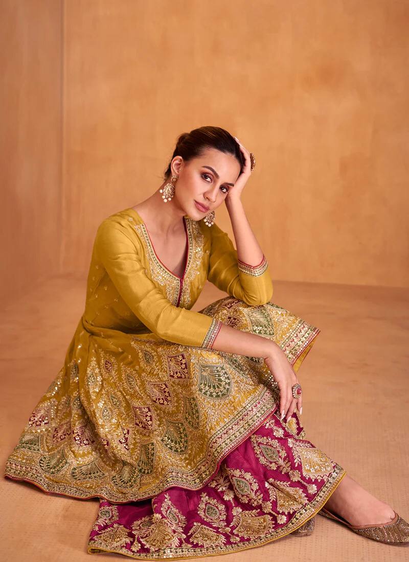 Lorenvalley Yellow Chinon Embroidery With Sequince Work Salwar Kameez Stitched | Swadesiicart