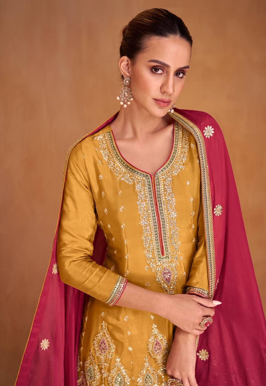 Lorenvalley Yellow Chinon Embroidery With Sequince Work Salwar Kameez Stitched | Swadesiicart