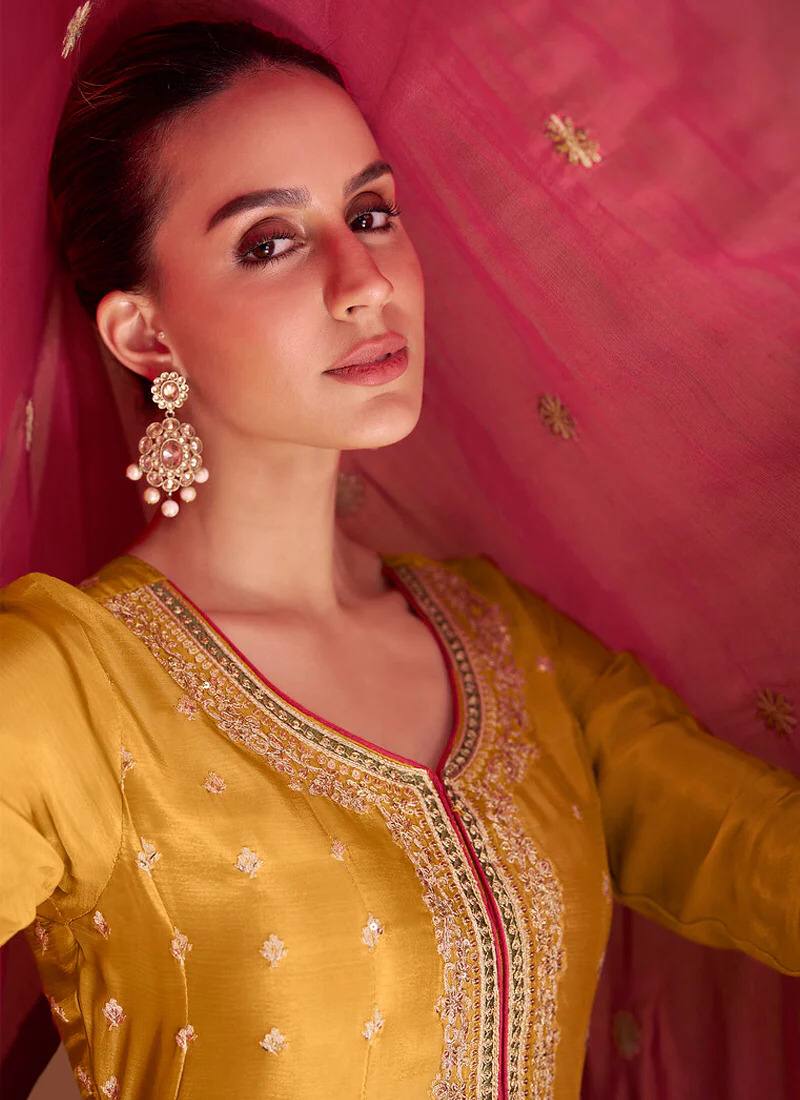 Lorenvalley Yellow Chinon Embroidery With Sequince Work Salwar Kameez Stitched | Swadesiicart