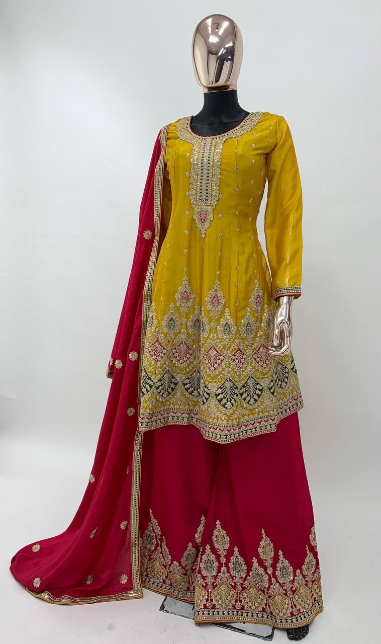 Lorenvalley Yellow Chinon Embroidery With Sequince Work Salwar Kameez Stitched | Swadesiicart