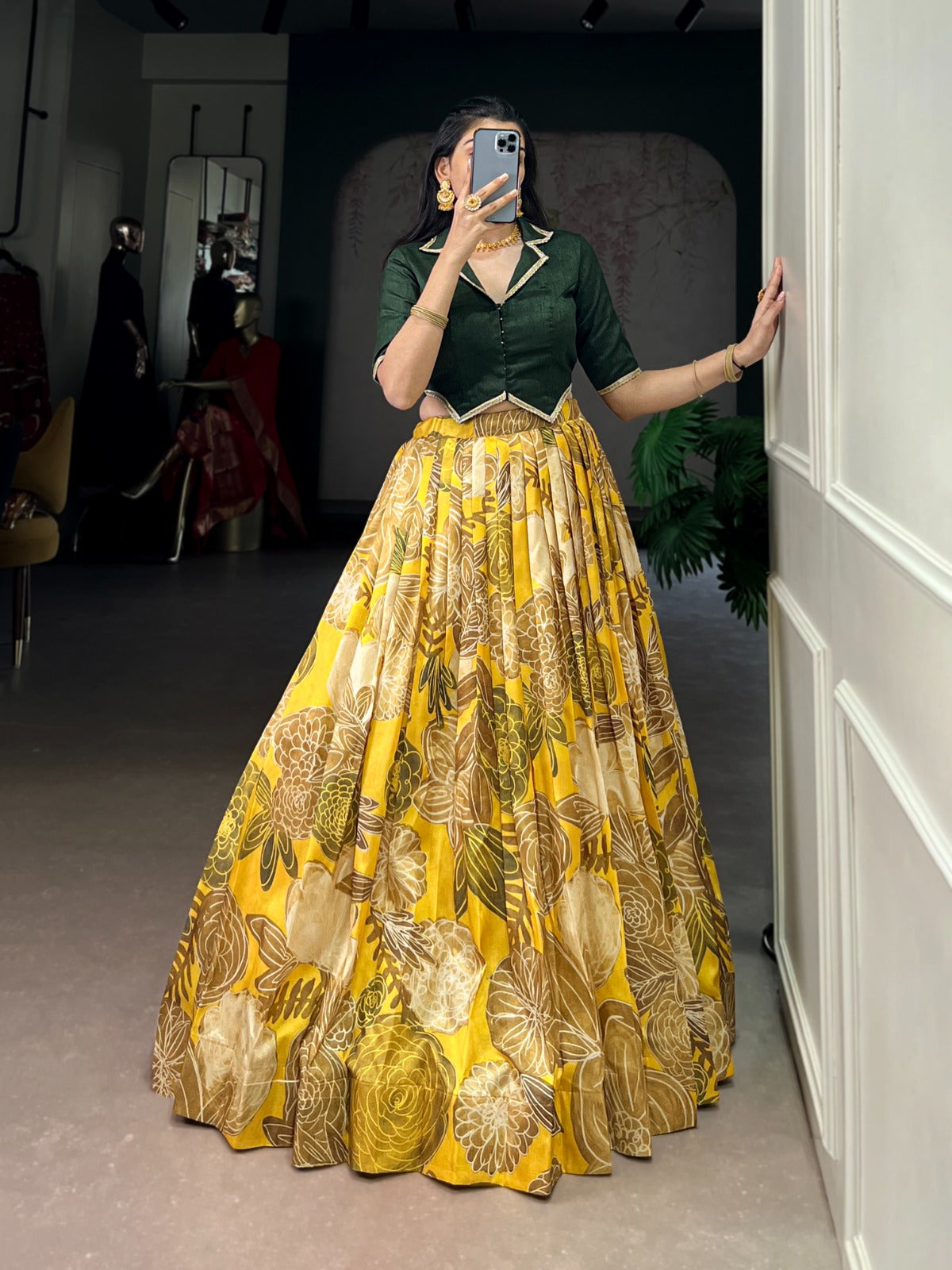 Lorenvalley Fashion Mustard Tasar Silk Floral Print Lehenga Choli - Swadesiicart
