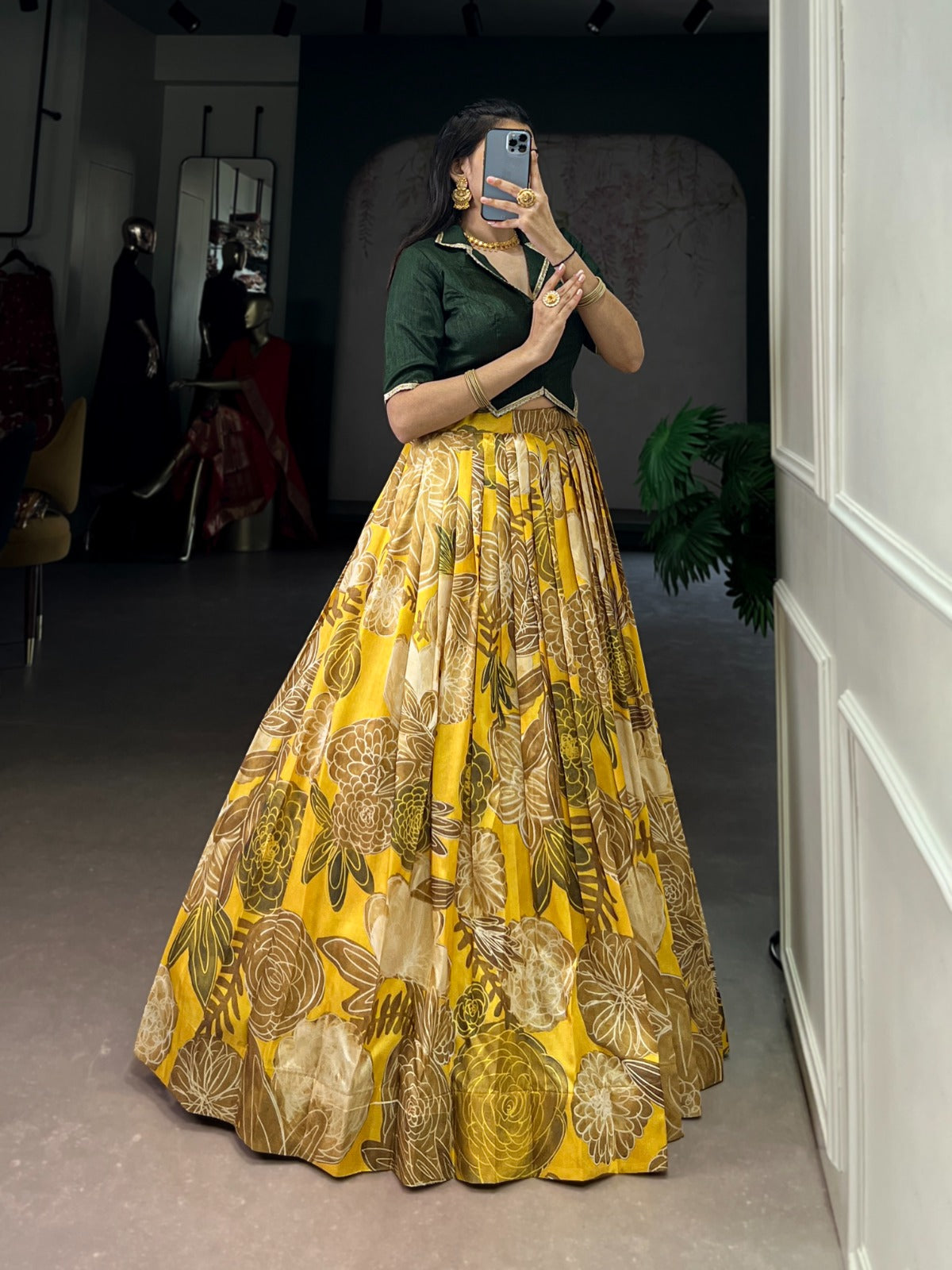 Lorenvalley Fashion Mustard Tasar Silk Floral Print Lehenga Choli - Swadesiicart