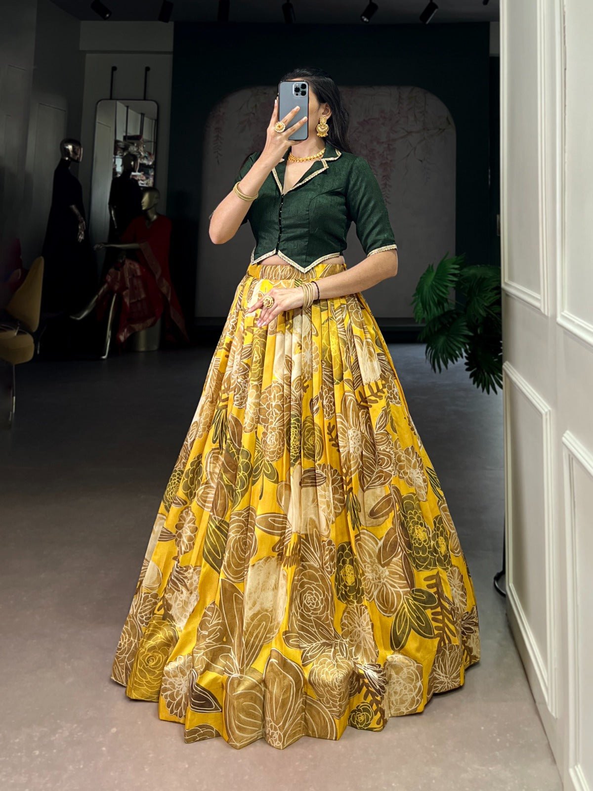 Lorenvalley Fashion Mustard Tasar Silk Floral Print Lehenga Choli - Swadesiicart
