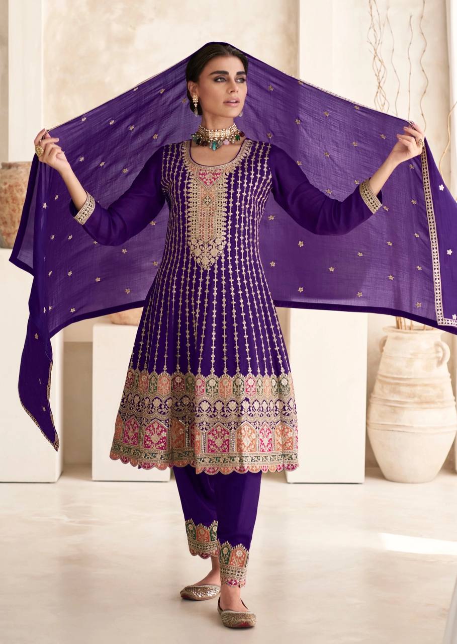 Lorenvalley Purple Chinon Embroidery With Sequince Work Salwar Kameez Stitched | Swadesiicart