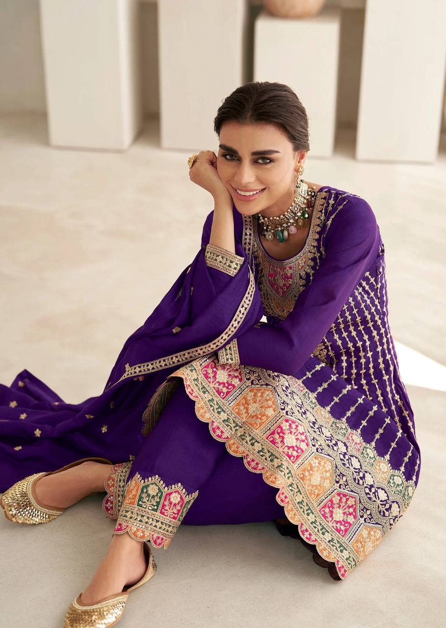 Lorenvalley Purple Chinon Embroidery With Sequince Work Salwar Kameez Stitched | Swadesiicart