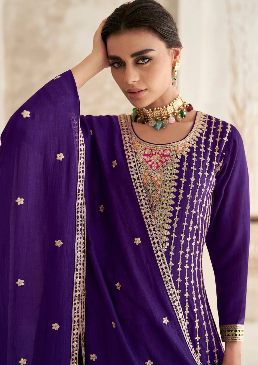 Lorenvalley Purple Chinon Embroidery With Sequince Work Salwar Kameez Stitched | Swadesiicart