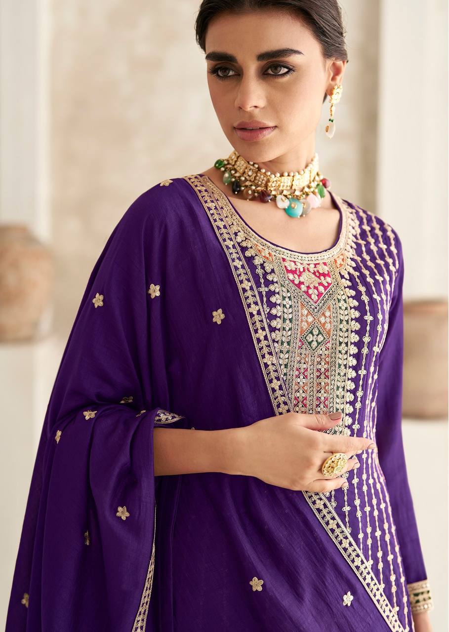 Lorenvalley Purple Chinon Embroidery With Sequince Work Salwar Kameez Stitched | Swadesiicart