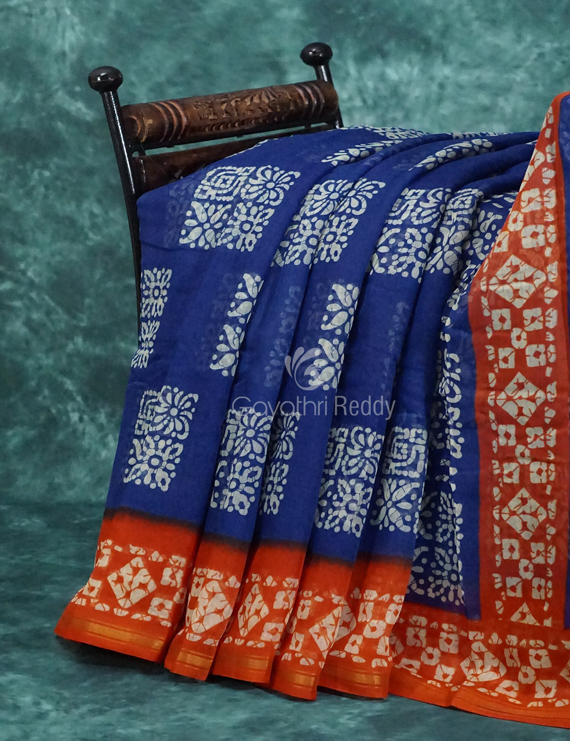 Mix of Blue and Orange Batik Printed Semi Chanderi Saree By Gayathri Reddy Designer Studio | Swadesiicart
