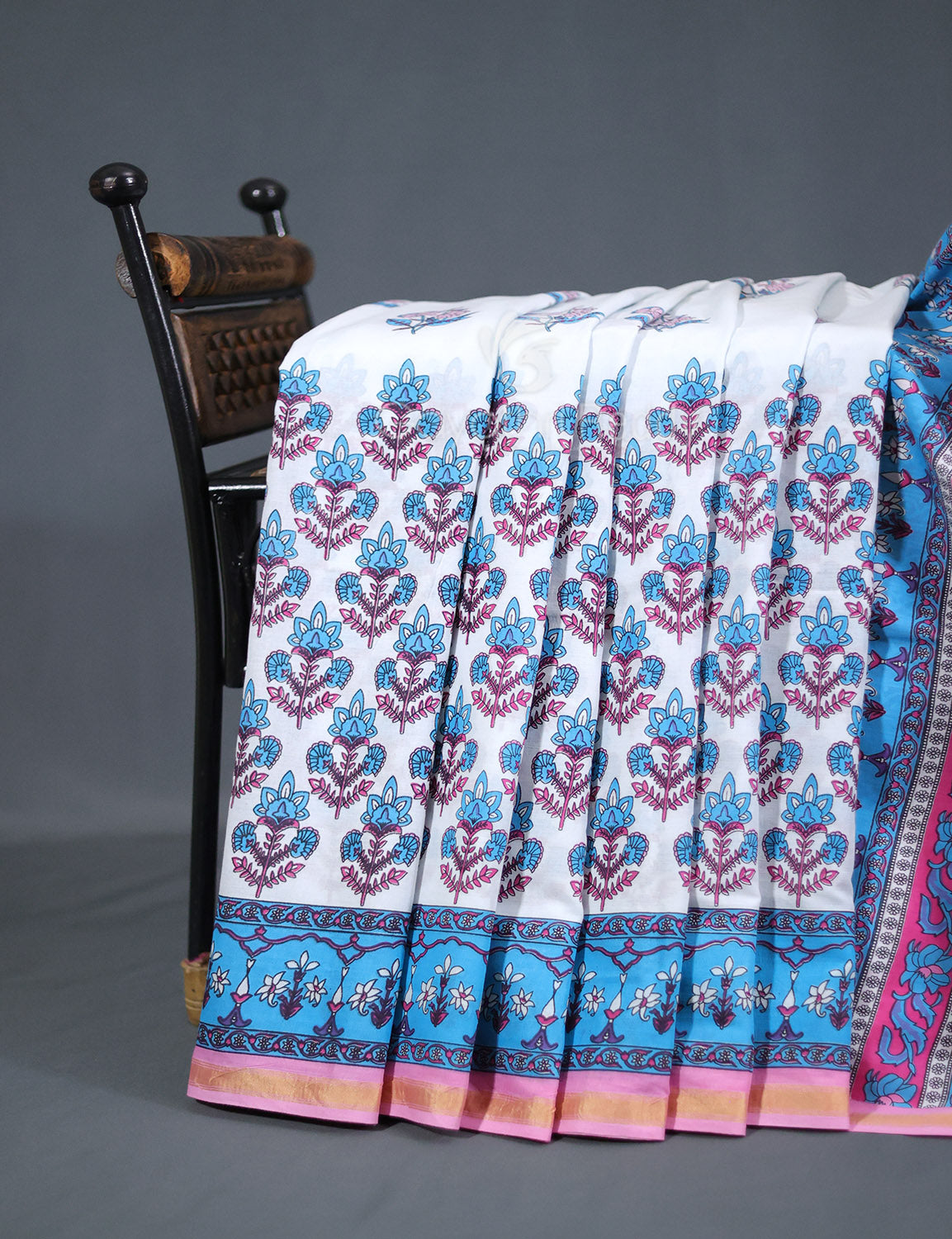 White And Cloud Blue Printed Cotton Sareecotton Saree-C569 By Gayathri Reddy Designer Studio | Swadesiicart