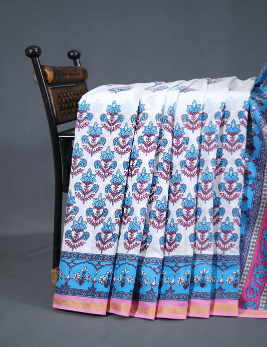 White And Cloud Blue Printed Cotton Sareecotton Saree-C569 By Gayathri Reddy Designer Studio | Swadesiicart