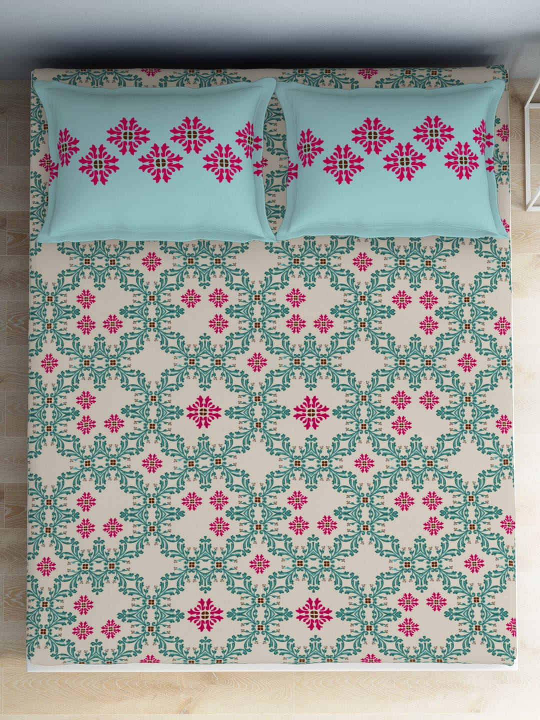 SPACES Aurum Blue Ethnic Motifs Pure Cotton 140 TC Queen Bedsheet With 2 Pillow Covers - Swadesiicart