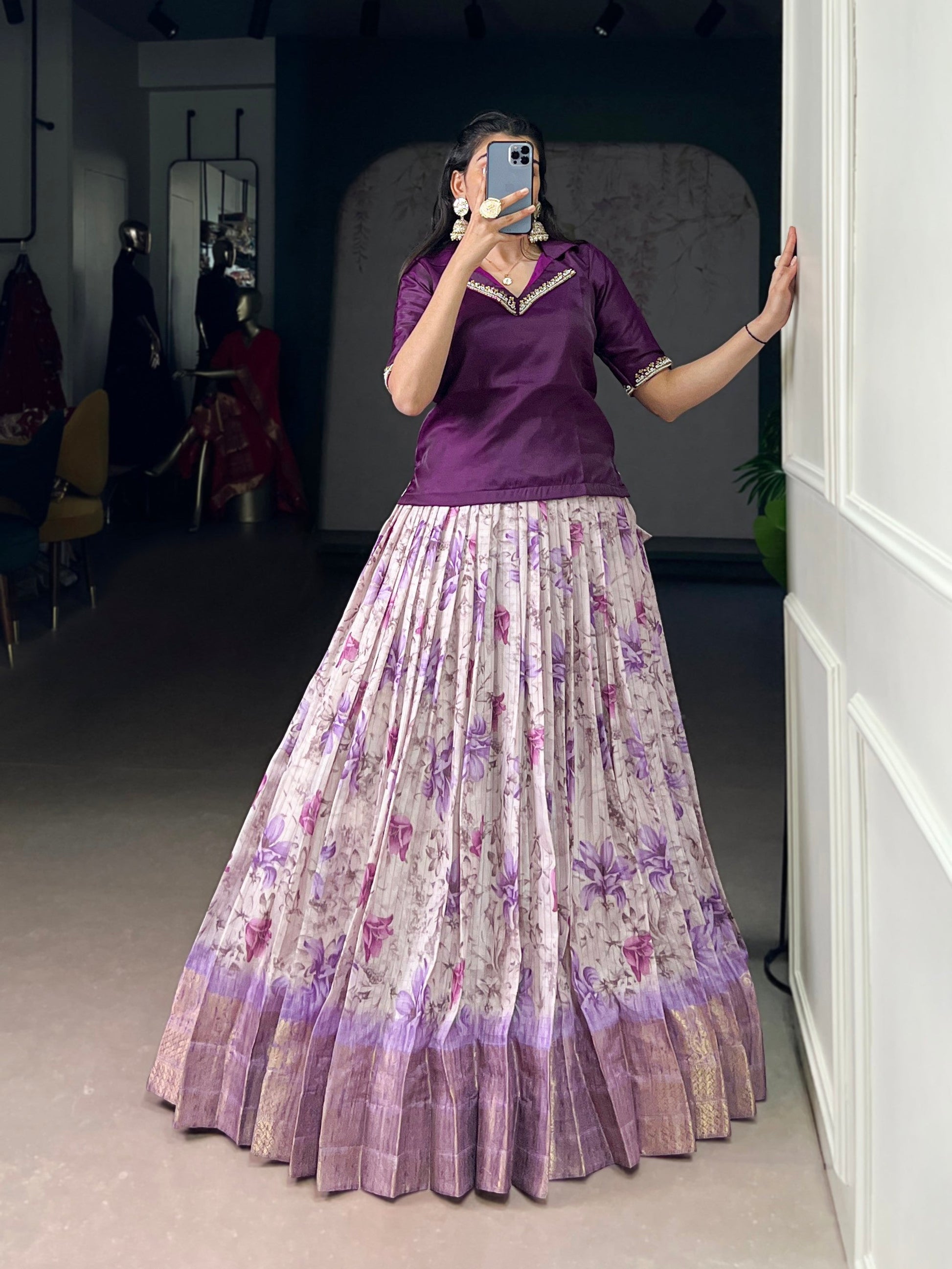 Lorenvalley Fashion Purple Dola Chex Floral Printed With Zari Weaving Work Lehenga Choli - Swadesiicart