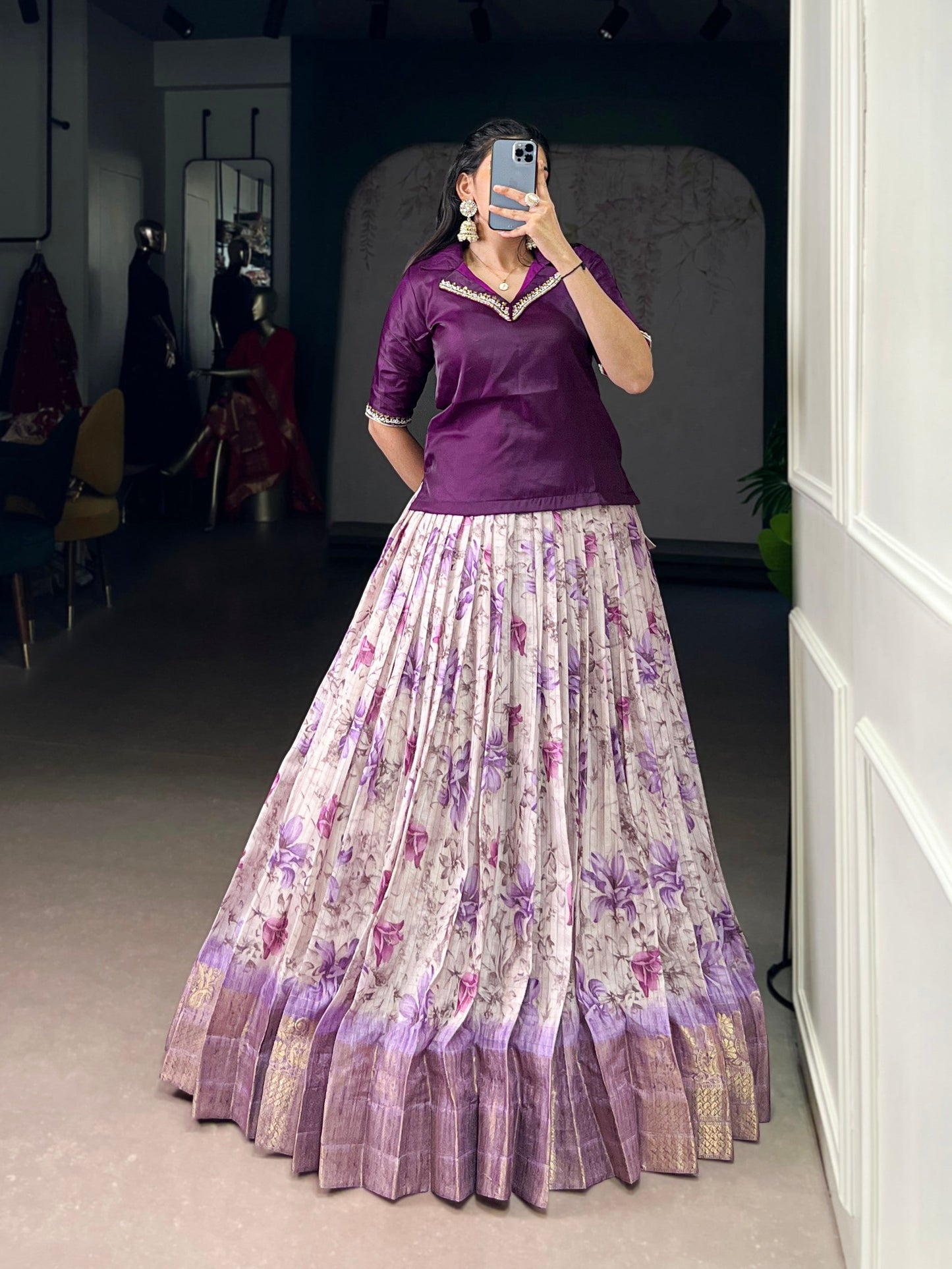 Lorenvalley Fashion Purple Dola Chex Floral Printed With Zari Weaving Work Lehenga Choli - Swadesiicart