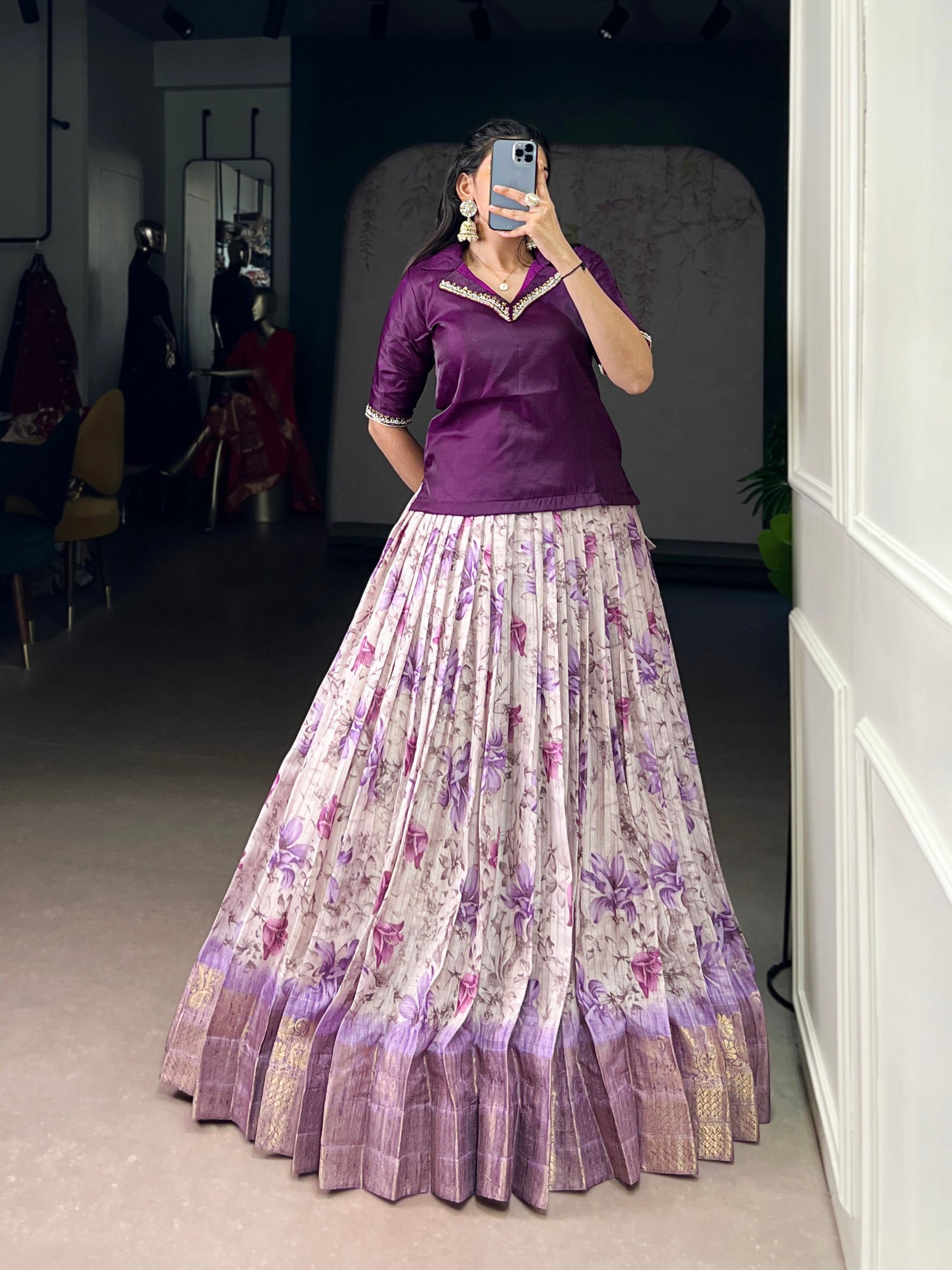 Lorenvalley Fashion Purple Dola Chex Floral Printed With Zari Weaving Work Lehenga Choli - Swadesiicart