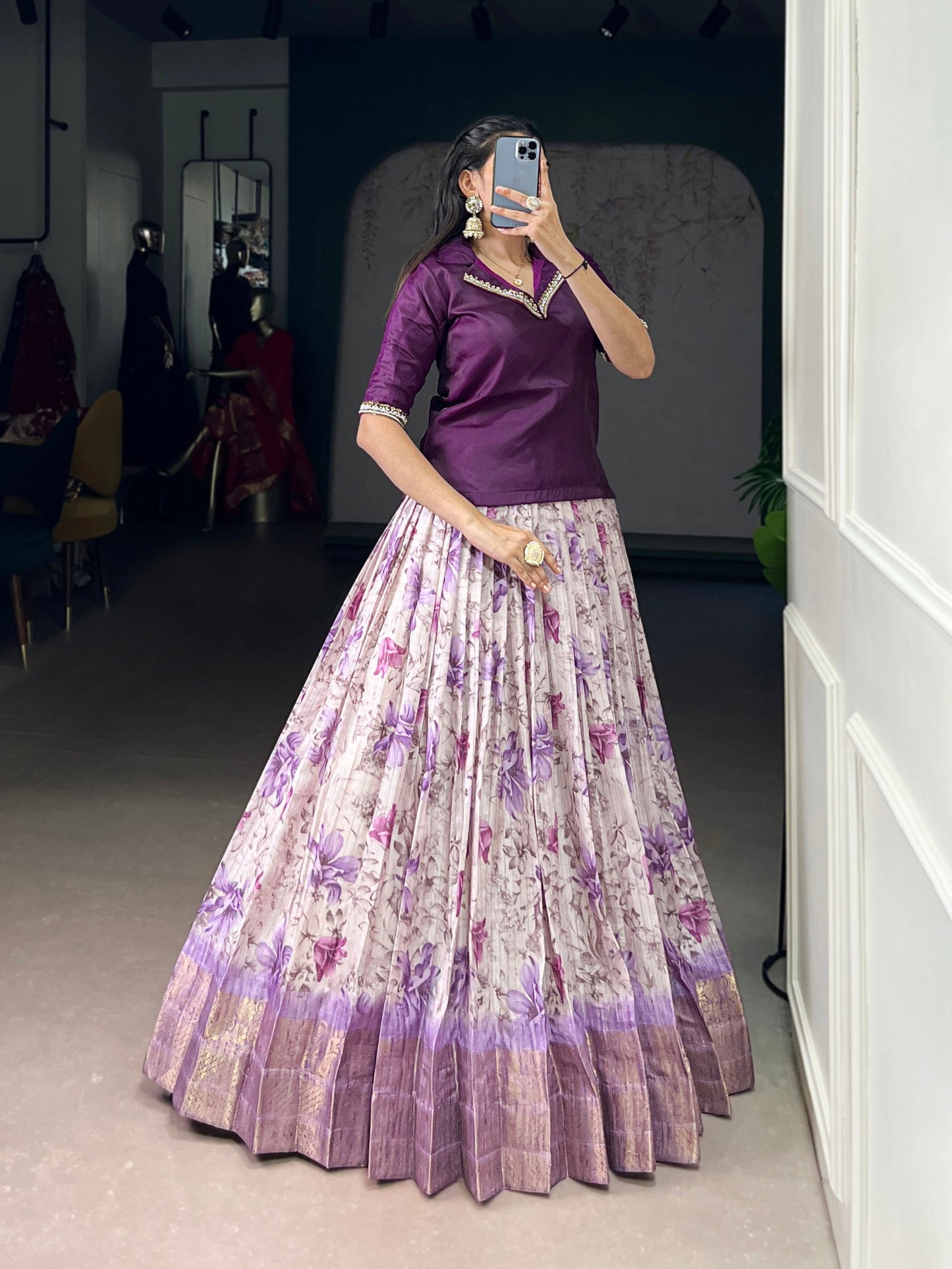 Lorenvalley Fashion Purple Dola Chex Floral Printed With Zari Weaving Work Lehenga Choli - Swadesiicart