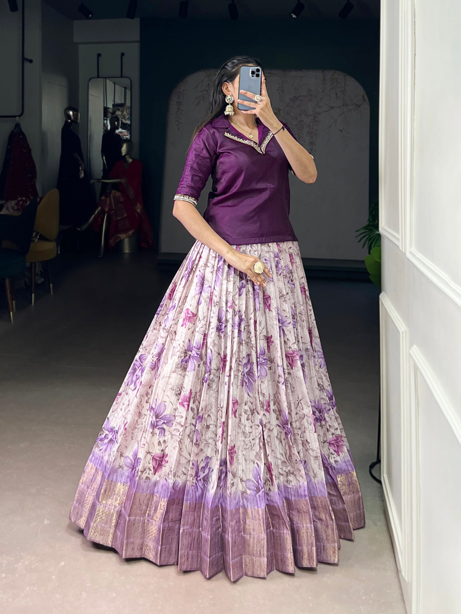 Lorenvalley Fashion Purple Dola Chex Floral Printed With Zari Weaving Work Lehenga Choli - Swadesiicart