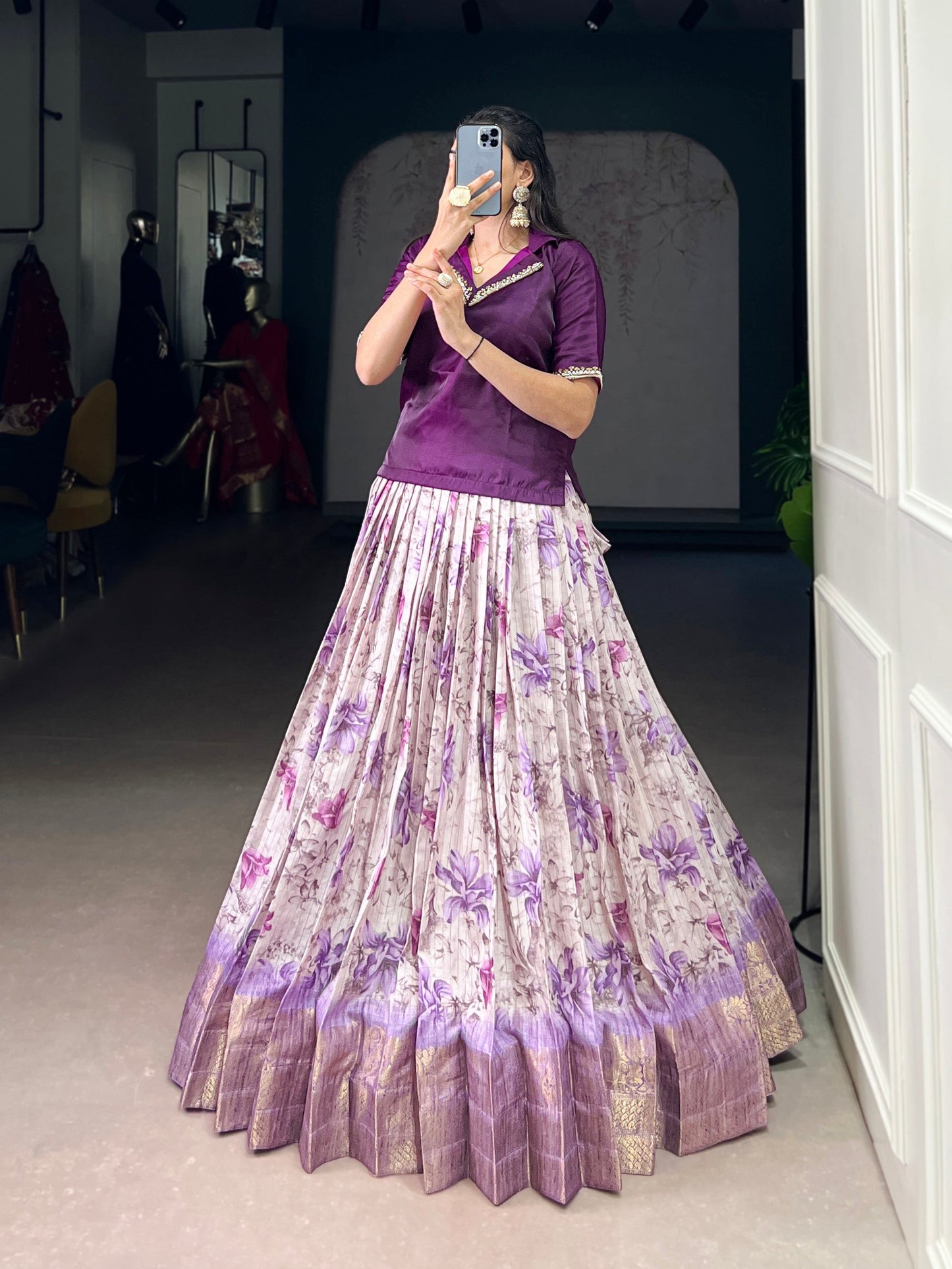 Lorenvalley Fashion Purple Dola Chex Floral Printed With Zari Weaving Work Lehenga Choli - Swadesiicart