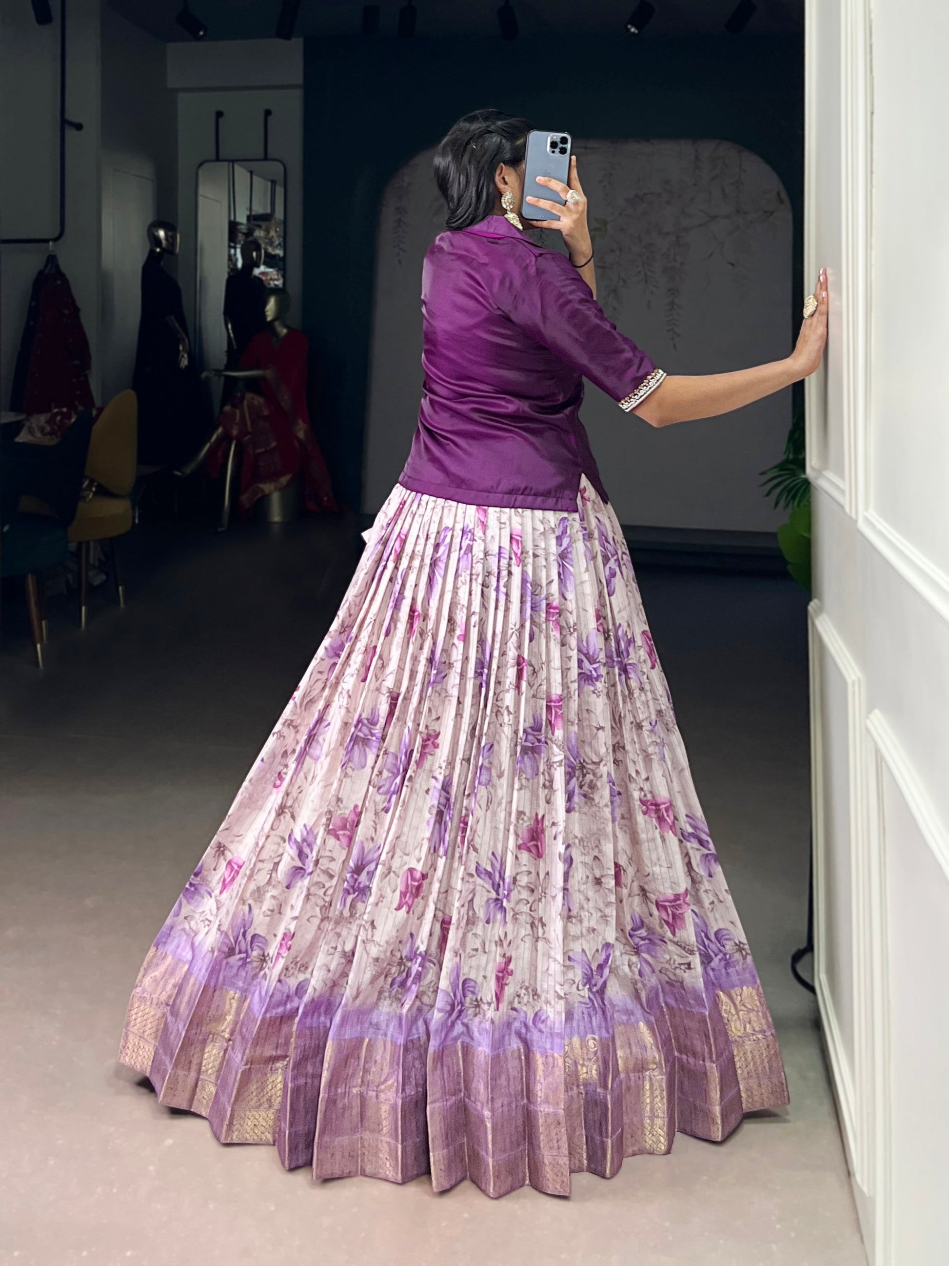 Lorenvalley Fashion Purple Dola Chex Floral Printed With Zari Weaving Work Lehenga Choli - Swadesiicart