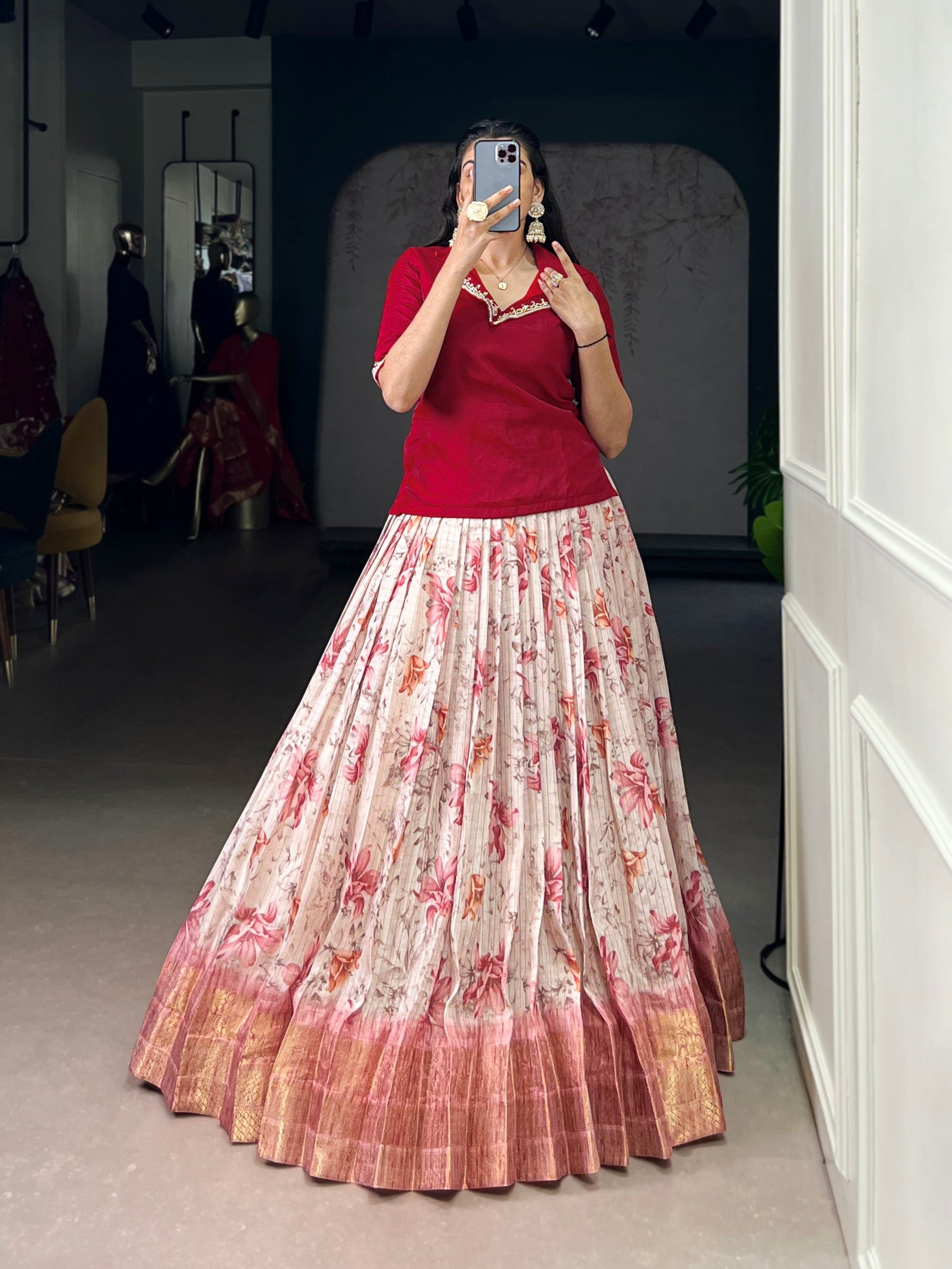 Lorenvalley Fashion Red Dola Chex Floral Printed With Zari Weaving Work Lehenga Choli - Swadesiicart