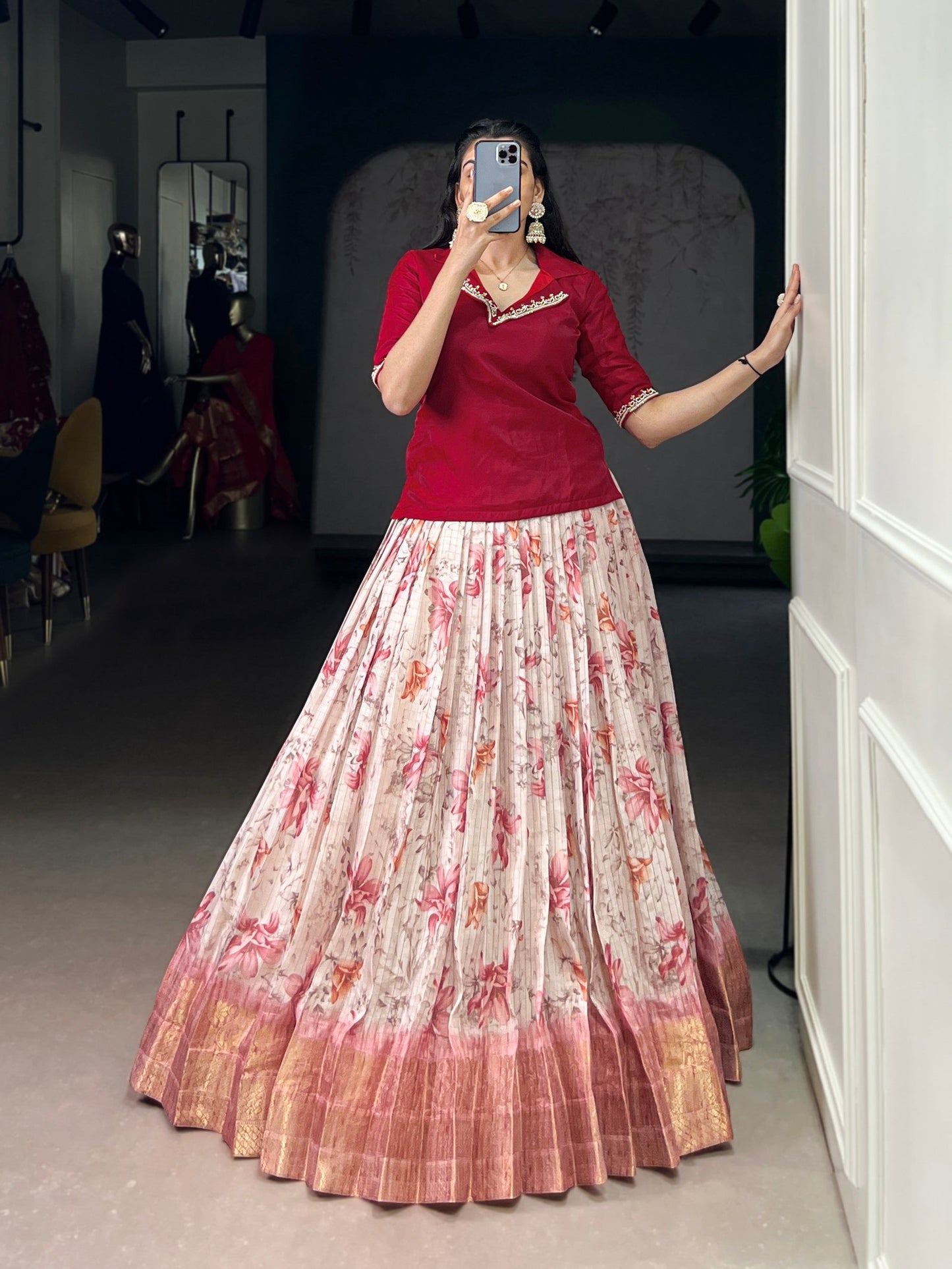 Lorenvalley Fashion Red Dola Chex Floral Printed With Zari Weaving Work Lehenga Choli - Swadesiicart