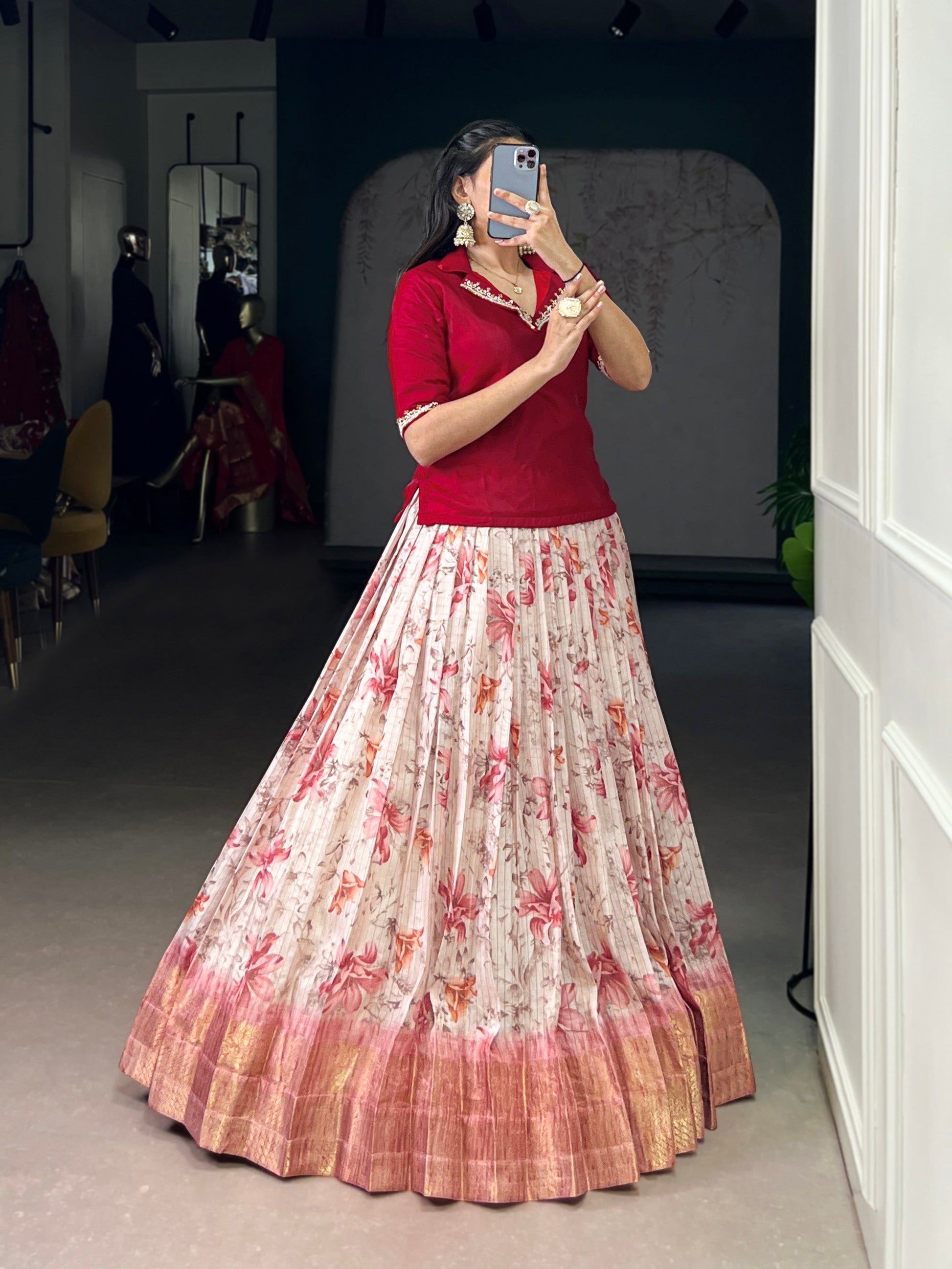 Lorenvalley Fashion Red Dola Chex Floral Printed With Zari Weaving Work Lehenga Choli - Swadesiicart