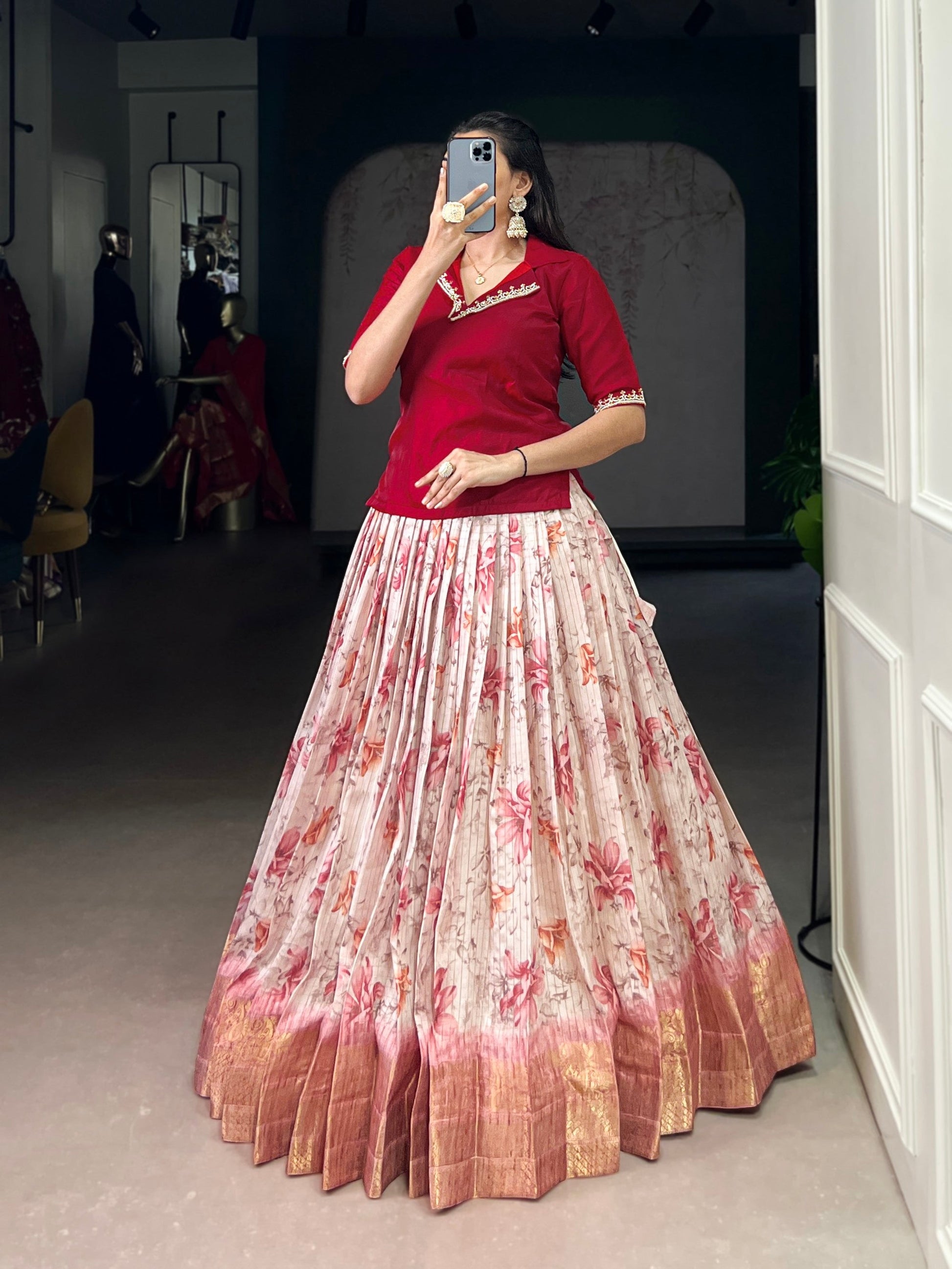 Lorenvalley Fashion Red Dola Chex Floral Printed With Zari Weaving Work Lehenga Choli - Swadesiicart