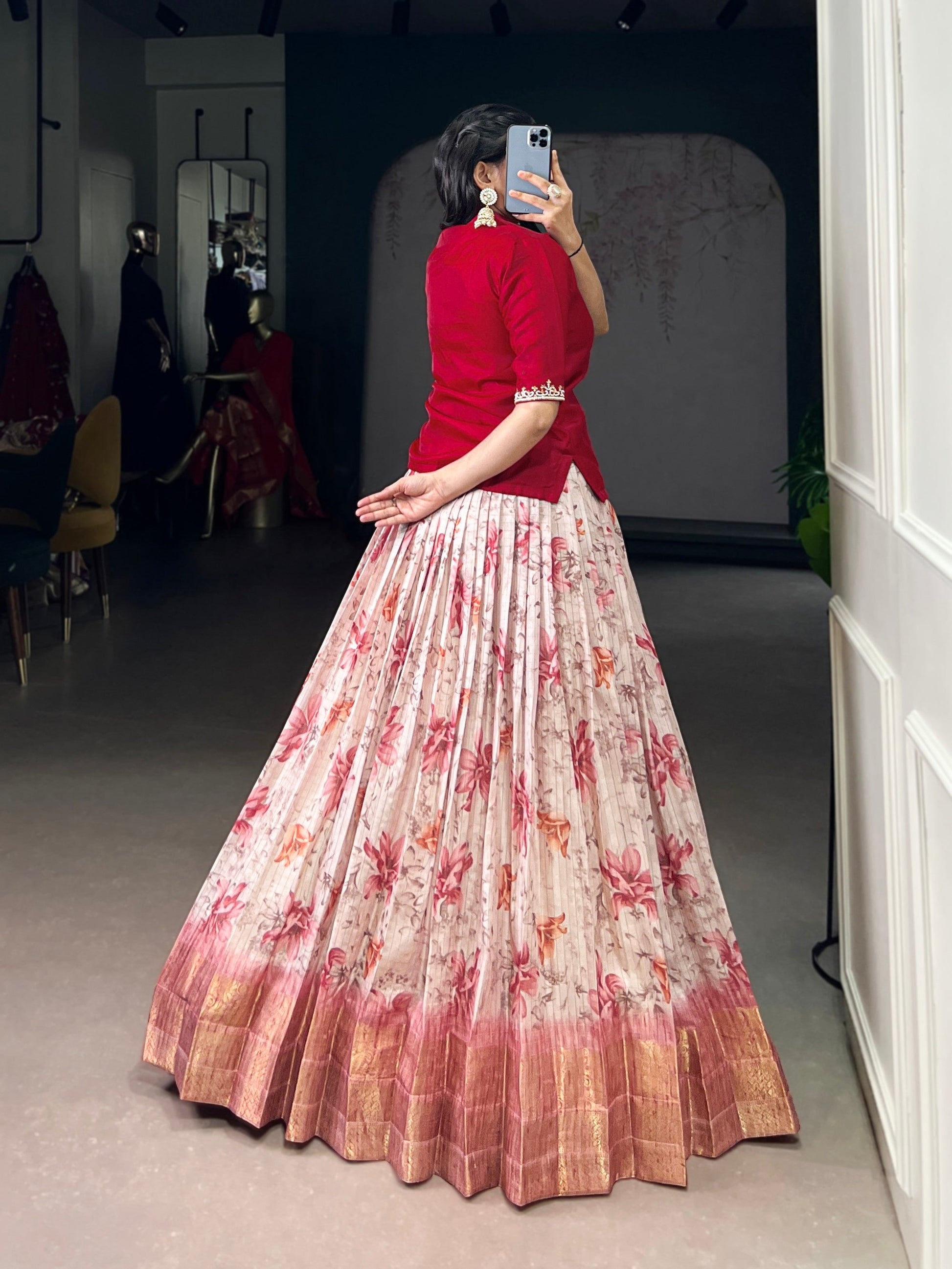 Lorenvalley Fashion Red Dola Chex Floral Printed With Zari Weaving Work Lehenga Choli - Swadesiicart