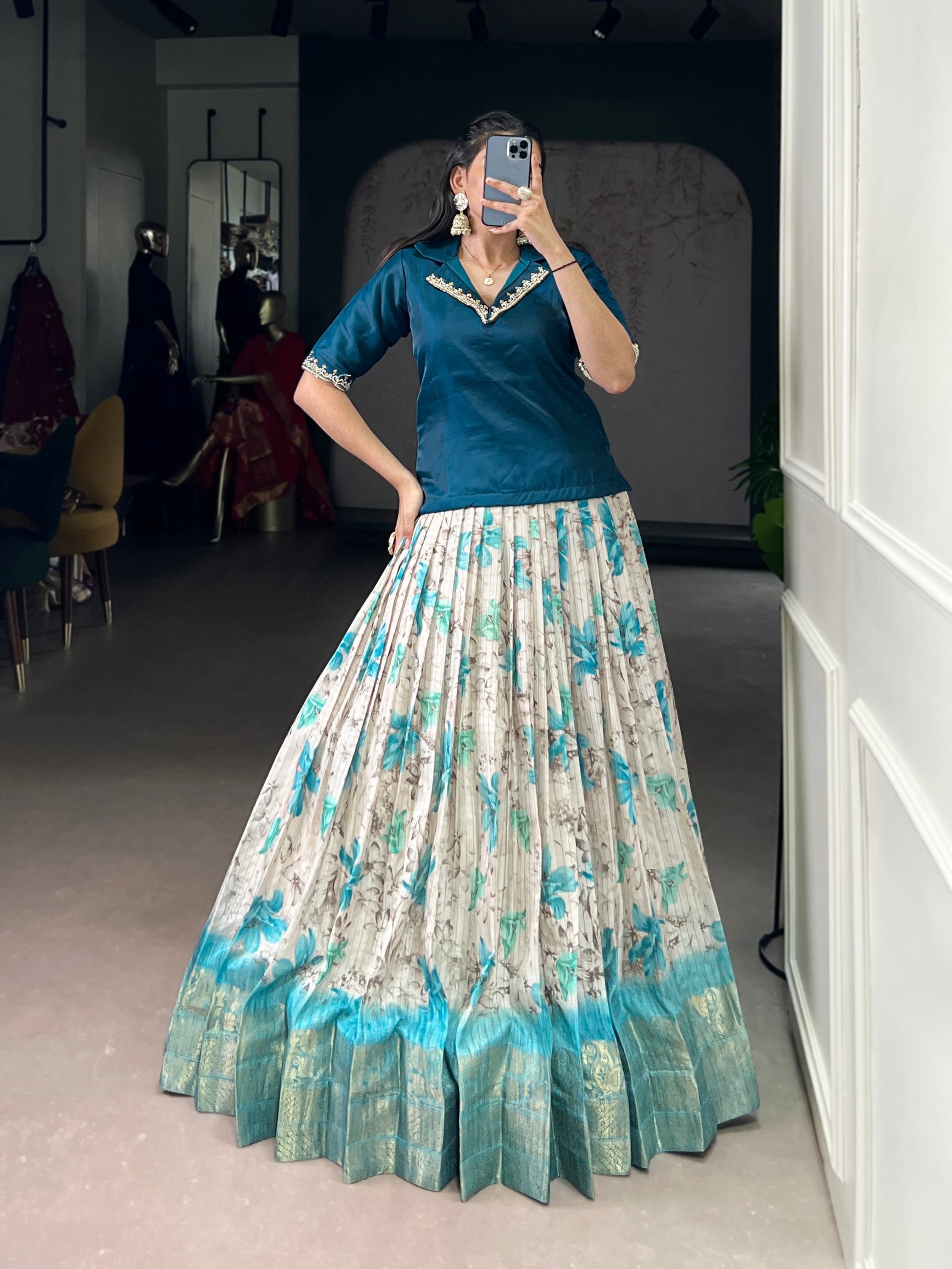 Lorenvalley Fashion Teal Dola Chex Floral Printed With Zari Weaving Work Lehenga Choli - Swadesiicart