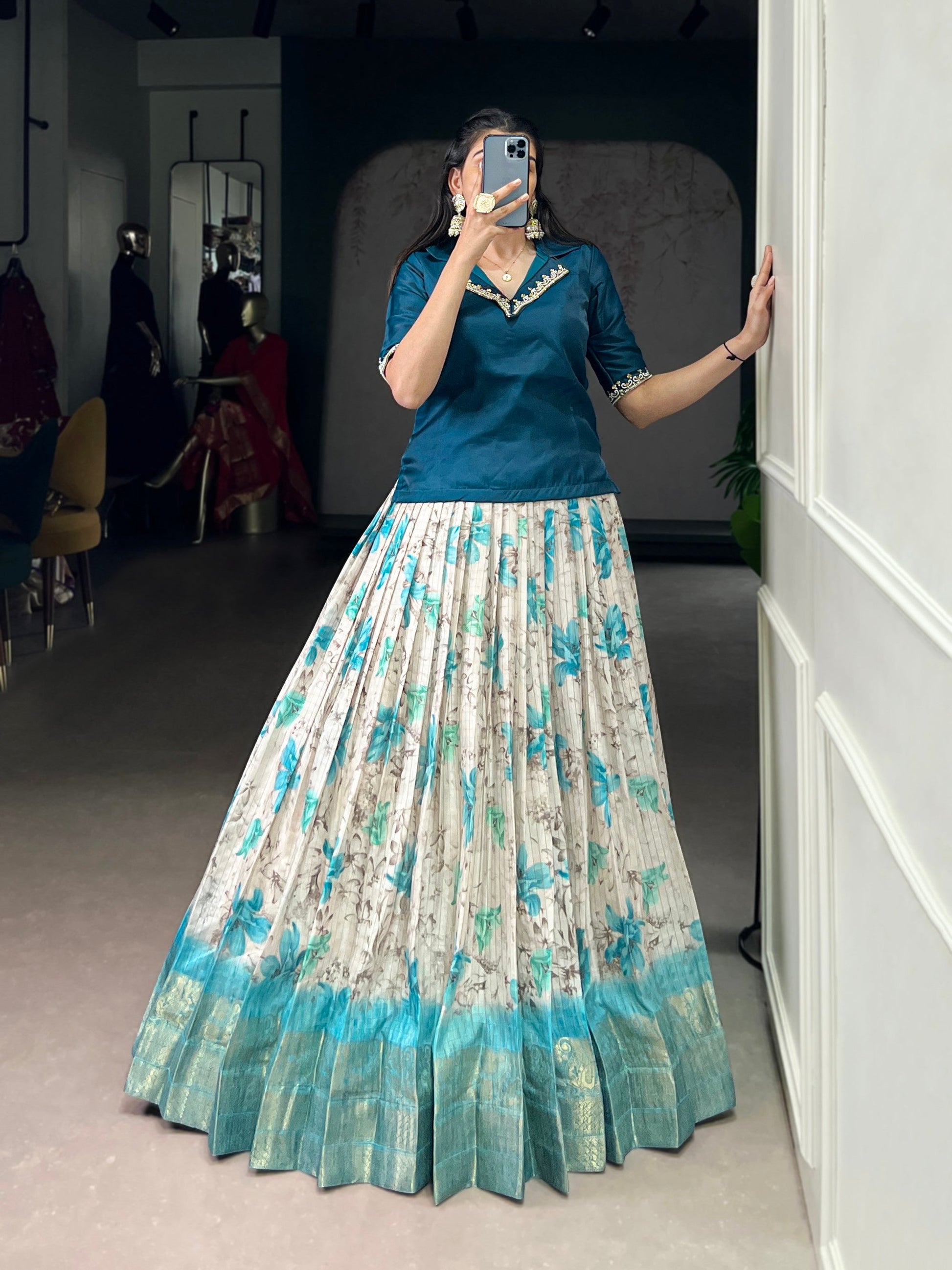 Lorenvalley Fashion Teal Dola Chex Floral Printed With Zari Weaving Work Lehenga Choli - Swadesiicart