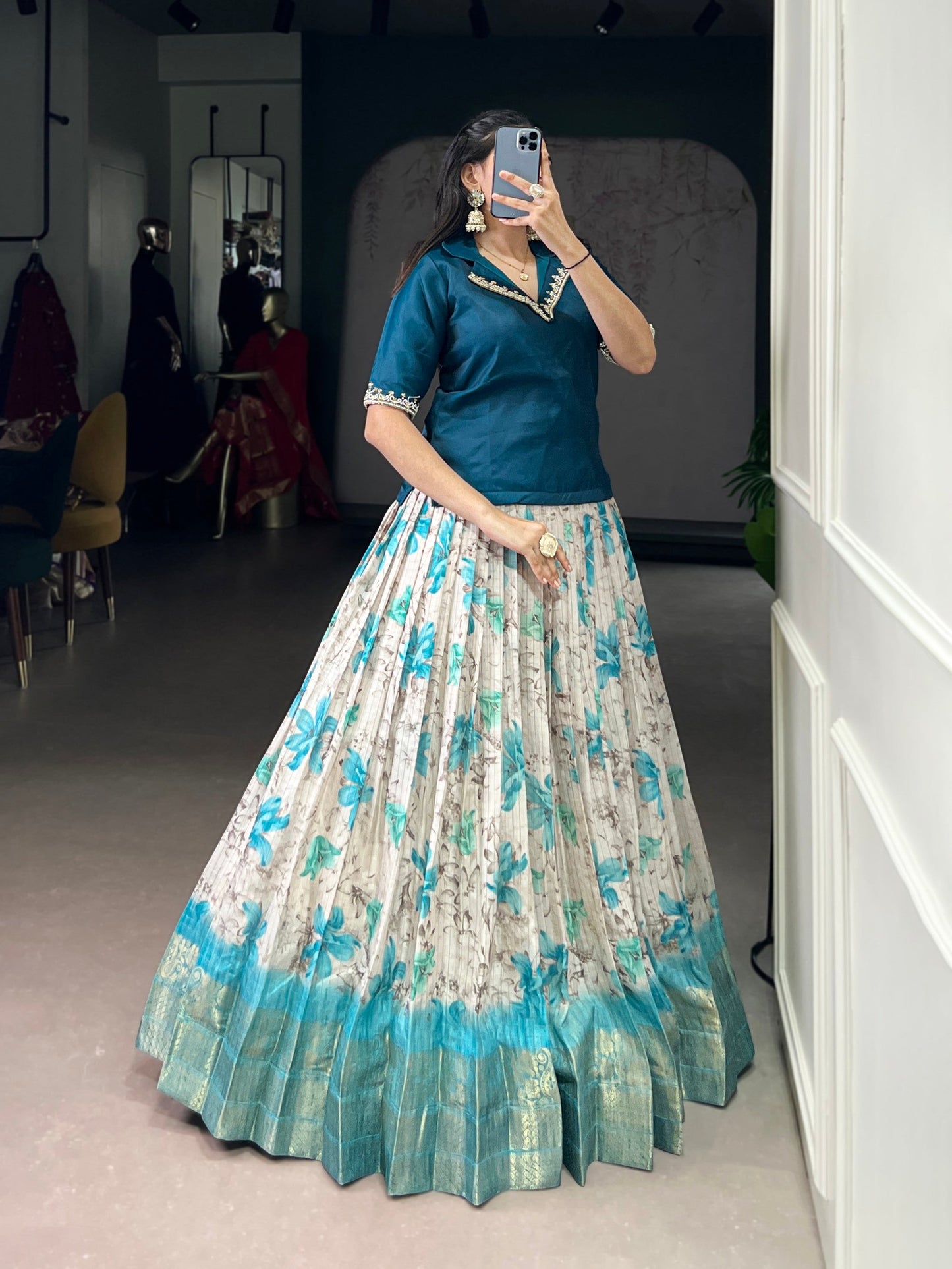 Lorenvalley Fashion Teal Dola Chex Floral Printed With Zari Weaving Work Lehenga Choli - Swadesiicart