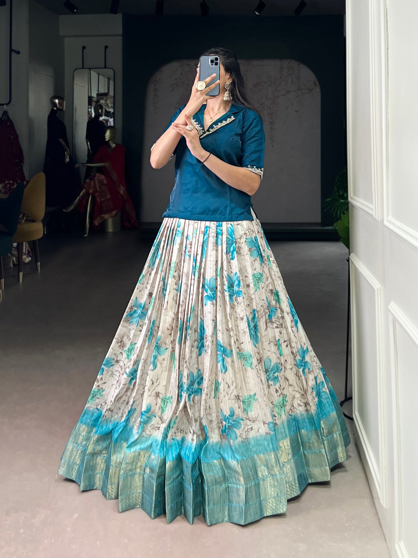 Lorenvalley Fashion Teal Dola Chex Floral Printed With Zari Weaving Work Lehenga Choli - Swadesiicart