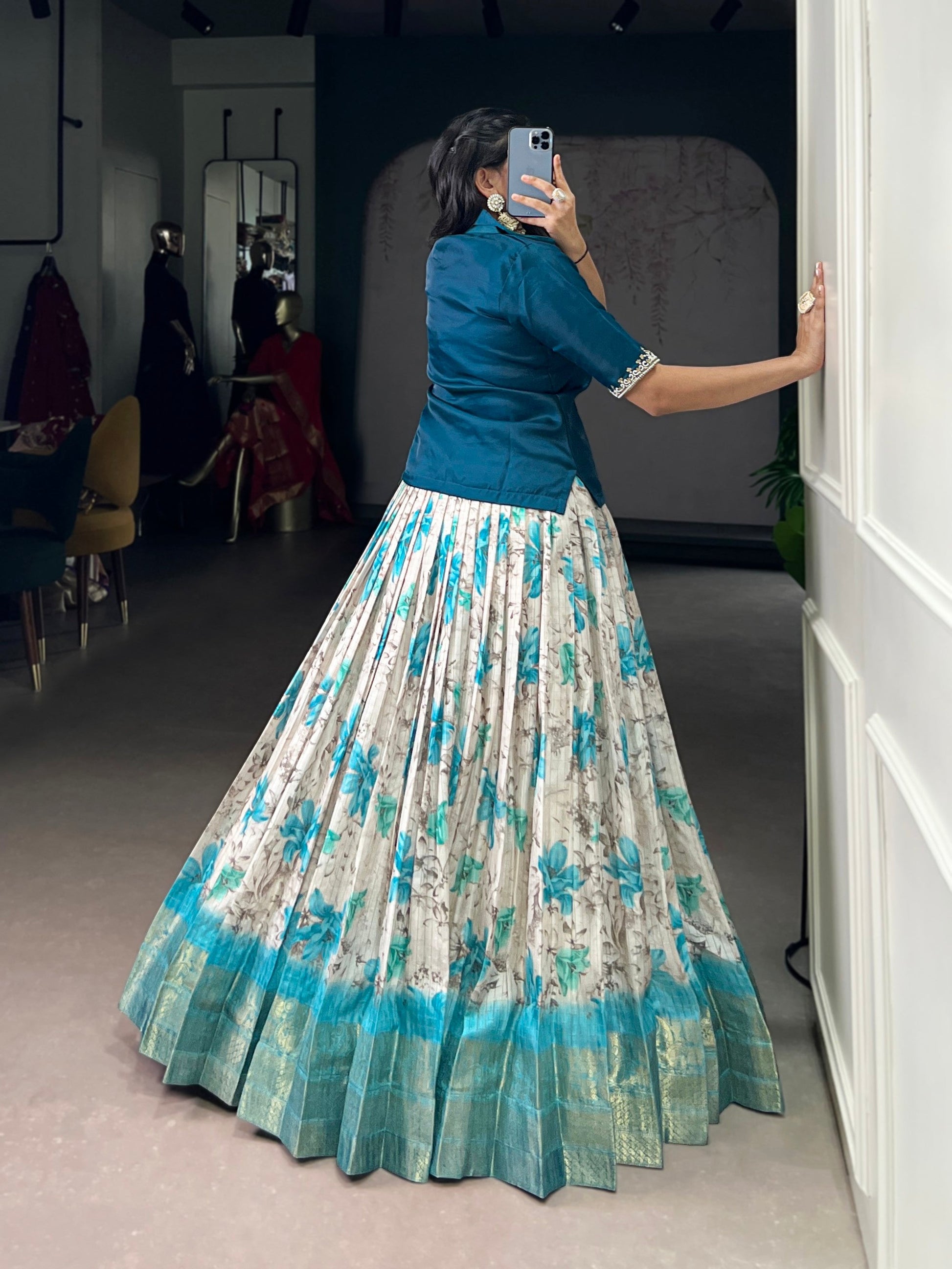 Lorenvalley Fashion Teal Dola Chex Floral Printed With Zari Weaving Work Lehenga Choli - Swadesiicart