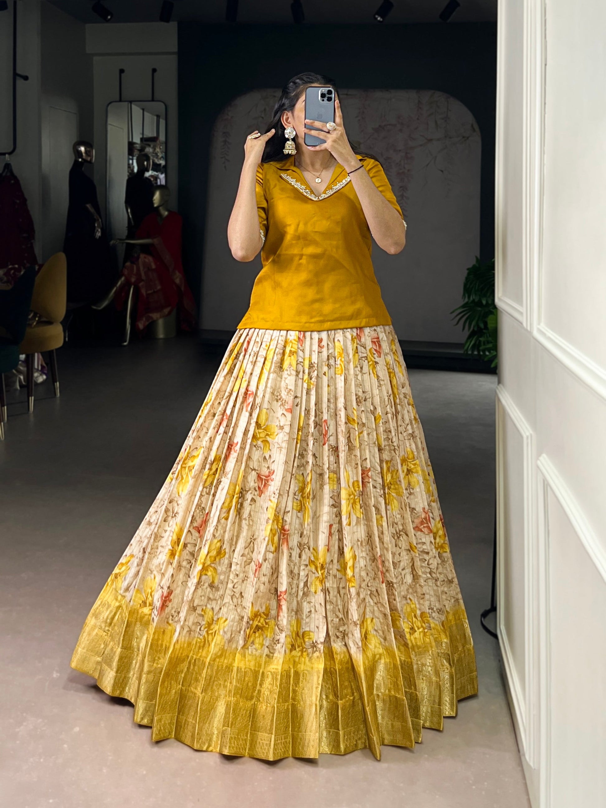 Lorenvalley Fashion Yellow Dola Chex Floral Printed With Zari Weaving Work Lehenga Choli - Swadesiicart