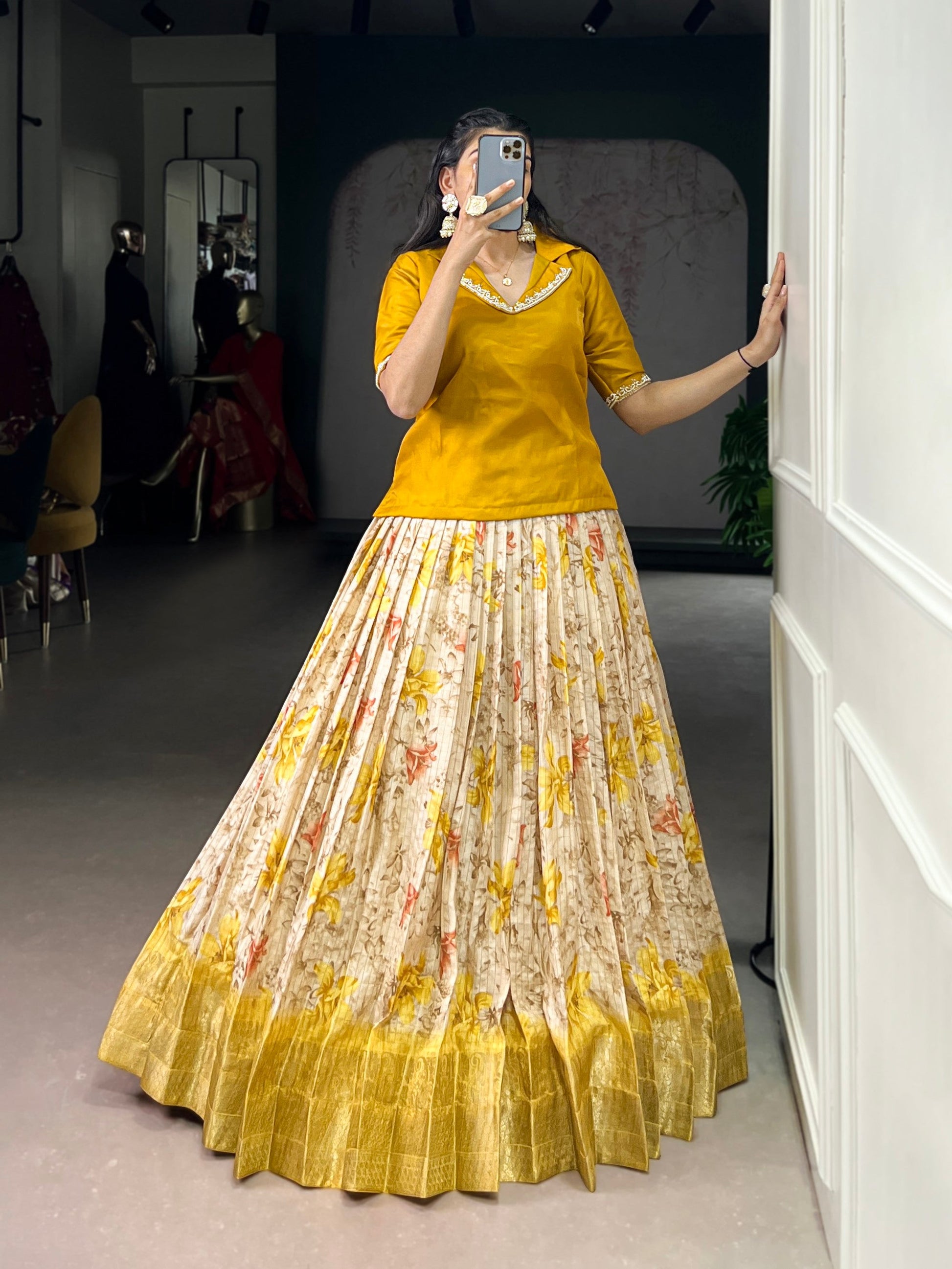 Lorenvalley Fashion Yellow Dola Chex Floral Printed With Zari Weaving Work Lehenga Choli - Swadesiicart