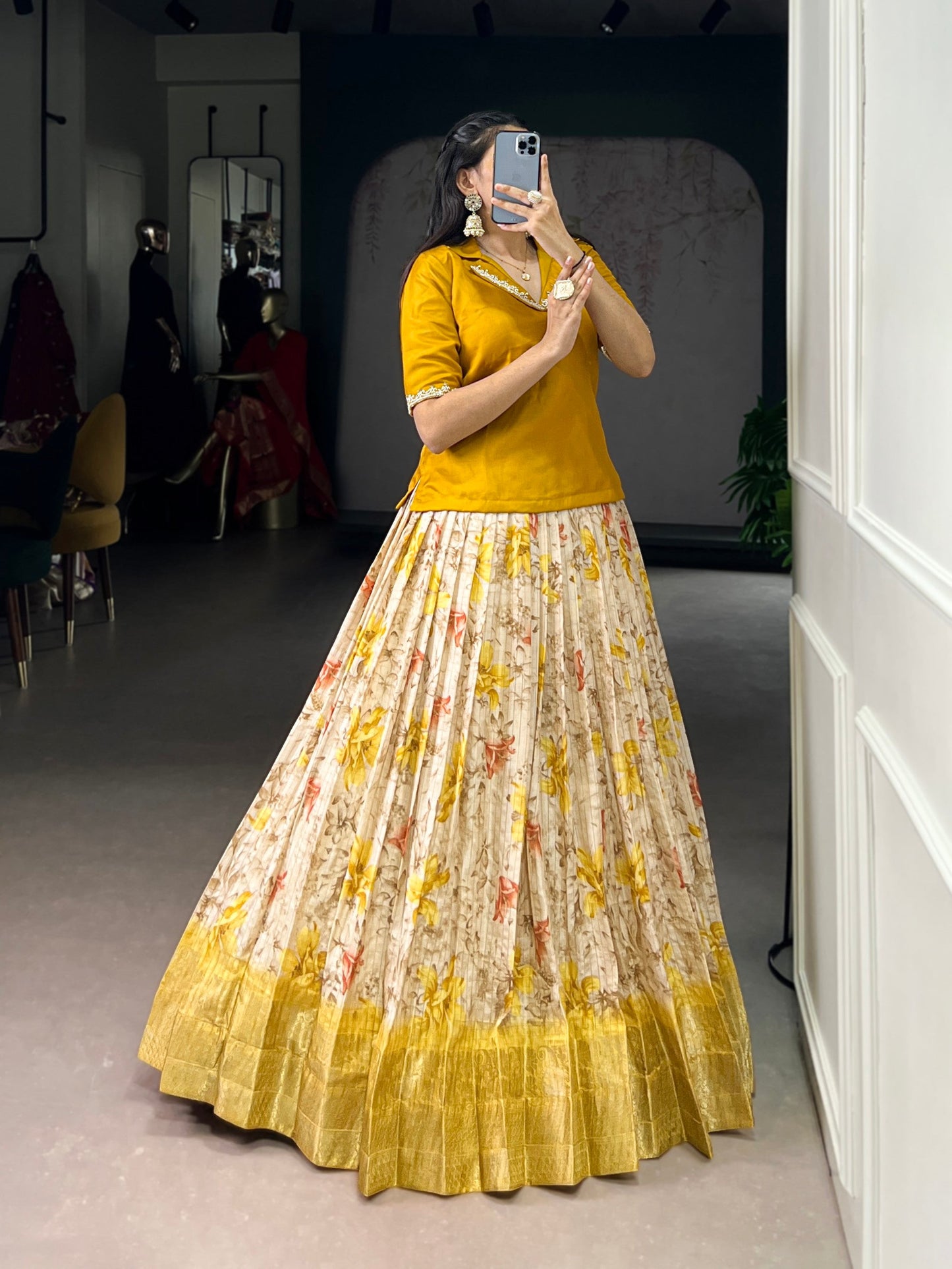 Lorenvalley Fashion Yellow Dola Chex Floral Printed With Zari Weaving Work Lehenga Choli - Swadesiicart