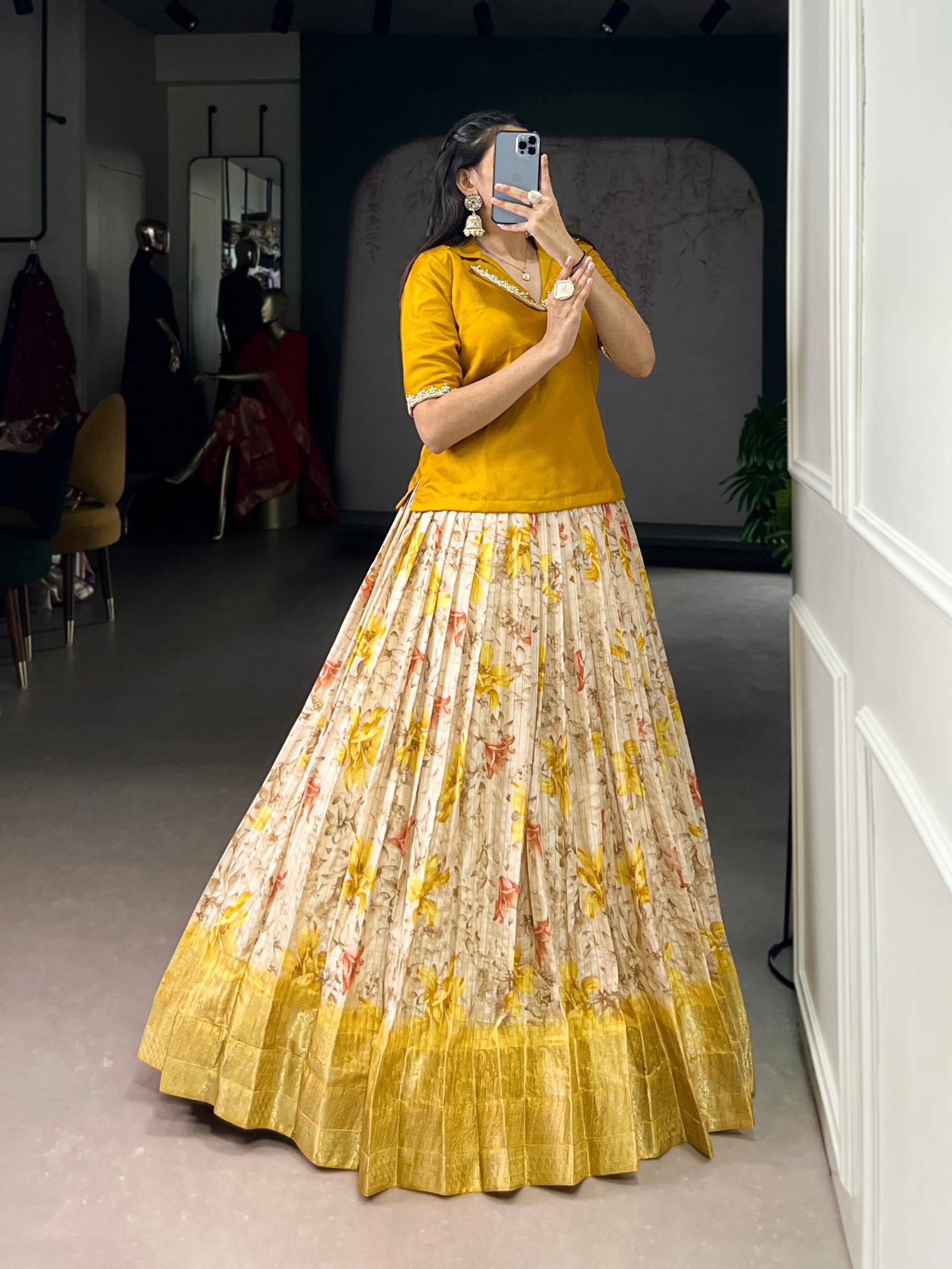 Lorenvalley Fashion Yellow Dola Chex Floral Printed With Zari Weaving Work Lehenga Choli - Swadesiicart