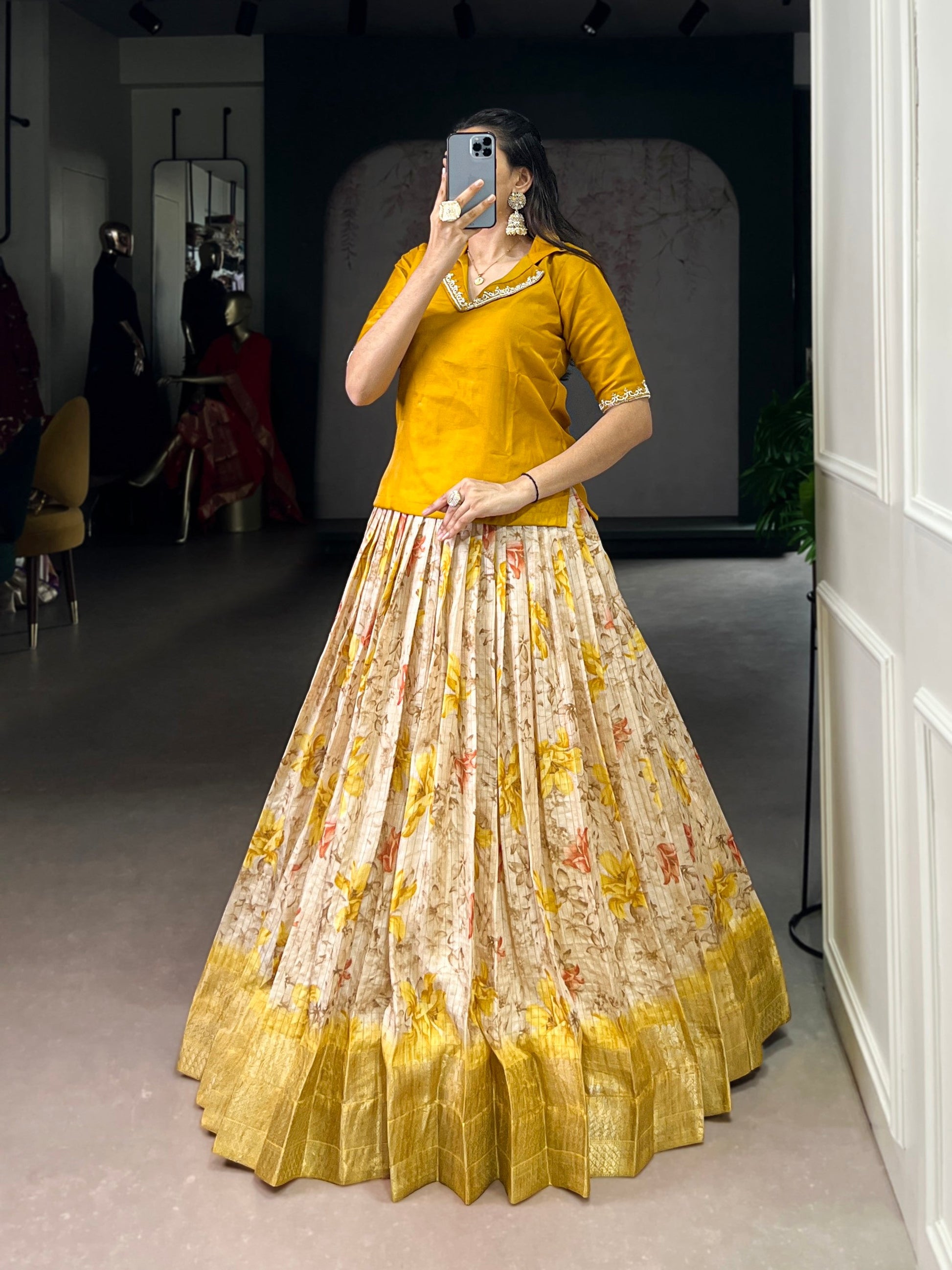 Lorenvalley Fashion Yellow Dola Chex Floral Printed With Zari Weaving Work Lehenga Choli - Swadesiicart