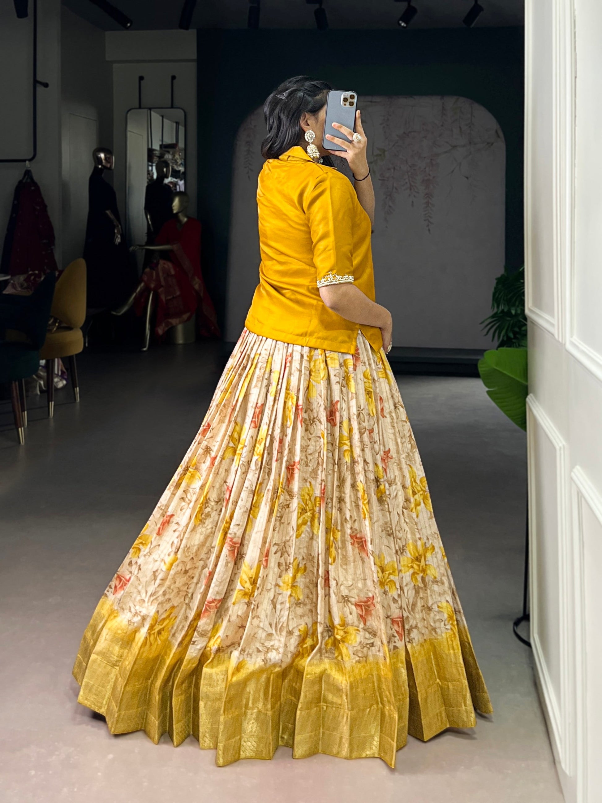 Lorenvalley Fashion Yellow Dola Chex Floral Printed With Zari Weaving Work Lehenga Choli - Swadesiicart