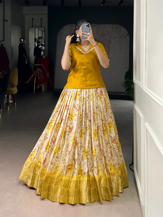 Lorenvalley Fashion Yellow Dola Chex Floral Printed With Zari Weaving Work Lehenga Choli - Swadesiicart