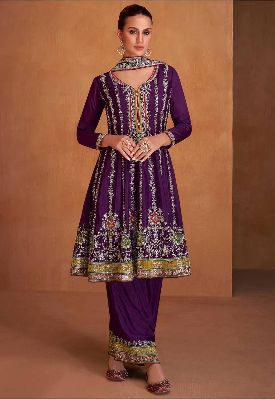 Lorenvalley Purple Chinon Embroidery With Sequince Work Salwar Kameez Stitched | Swadesiicart