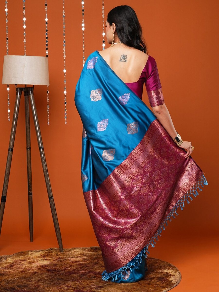 Anouk Blue & Gold-Toned Ethnic Motifs Woven Design Banarasi Saree | Swadesiicart