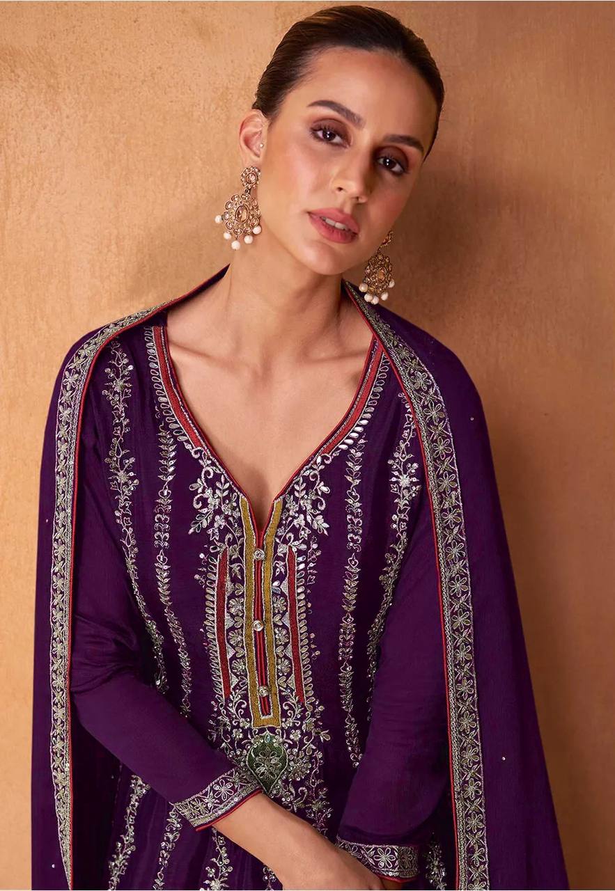 Lorenvalley Purple Chinon Embroidery With Sequince Work Salwar Kameez Stitched | Swadesiicart