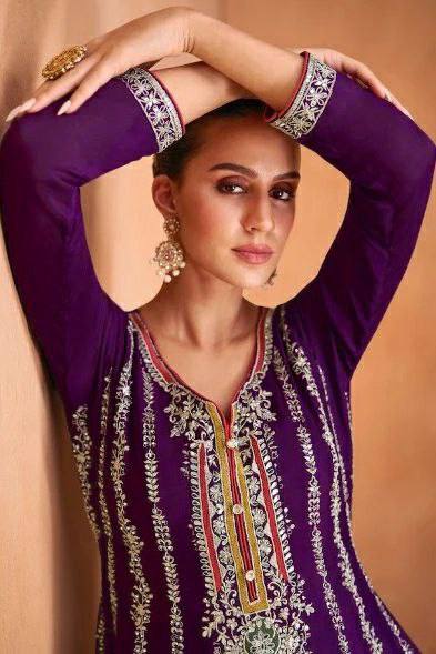 Lorenvalley Purple Chinon Embroidery With Sequince Work Salwar Kameez Stitched | Swadesiicart