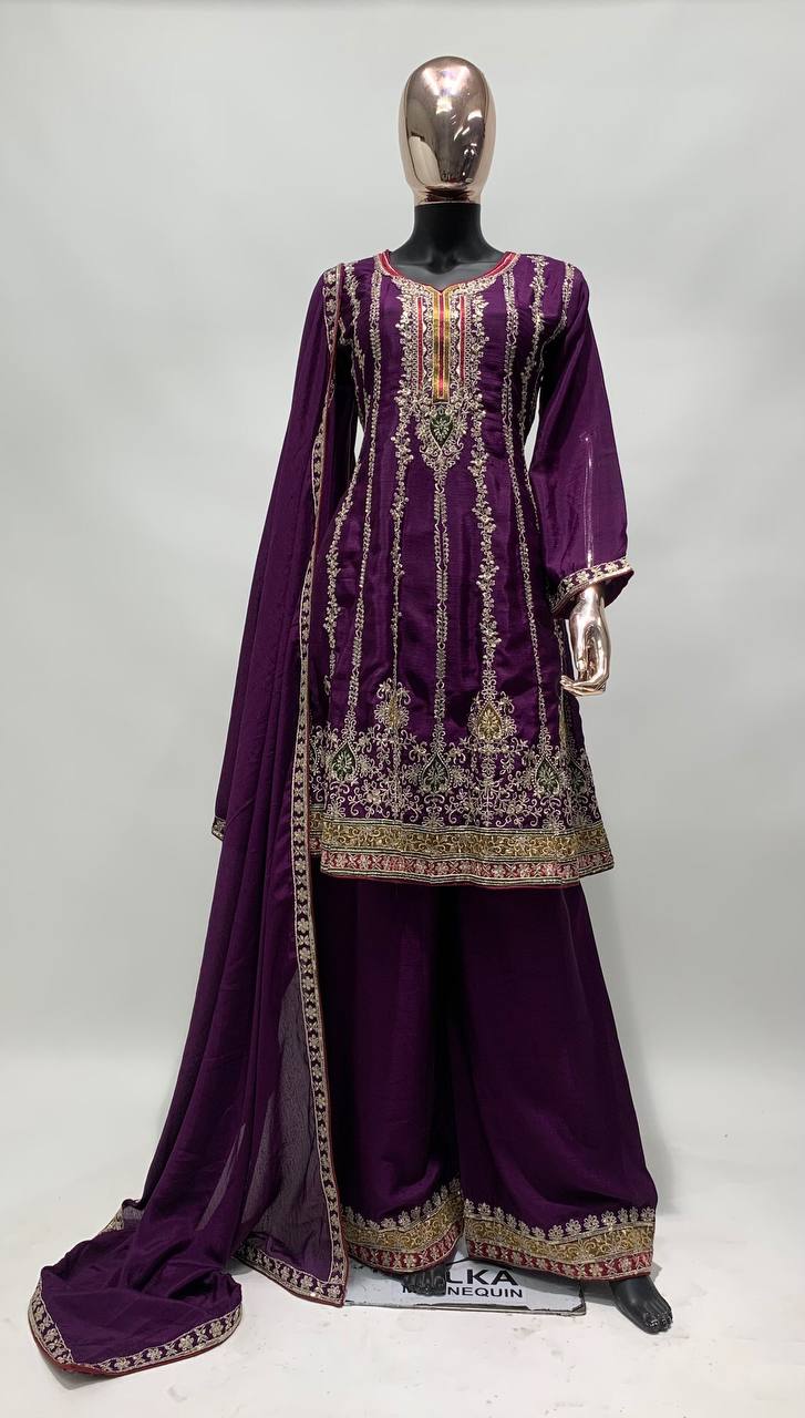 Lorenvalley Purple Chinon Embroidery With Sequince Work Salwar Kameez Stitched | Swadesiicart