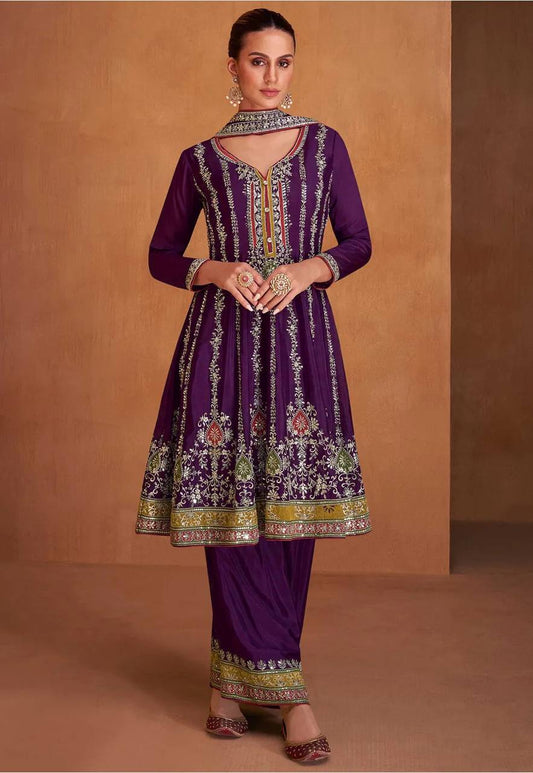 Lorenvalley Purple Chinon Embroidery With Sequince Work Salwar Kameez Stitched | Swadesiicart